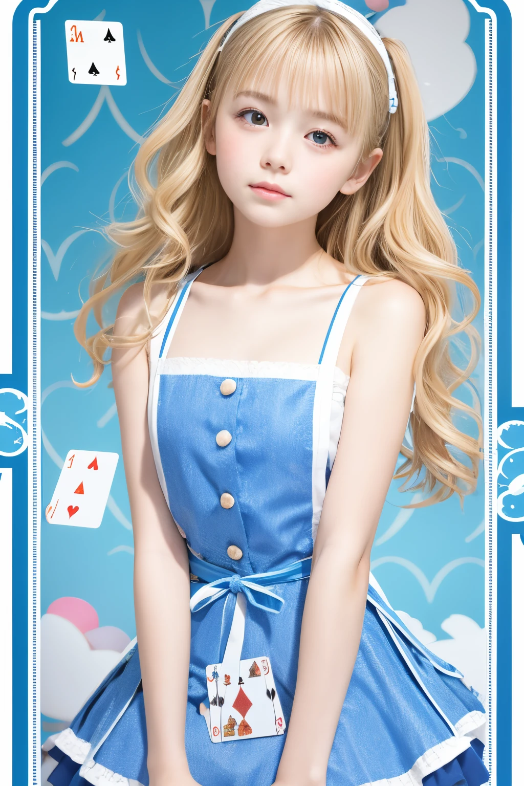 human and rabbit head, in boots and dress, with playing cards, and a crown, like Alice in Wonderland