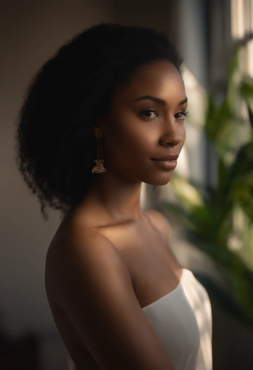 jamaican womean (21 years of age), brown eyes , jet black hair, naked, in a room, hyper realistic, 8k