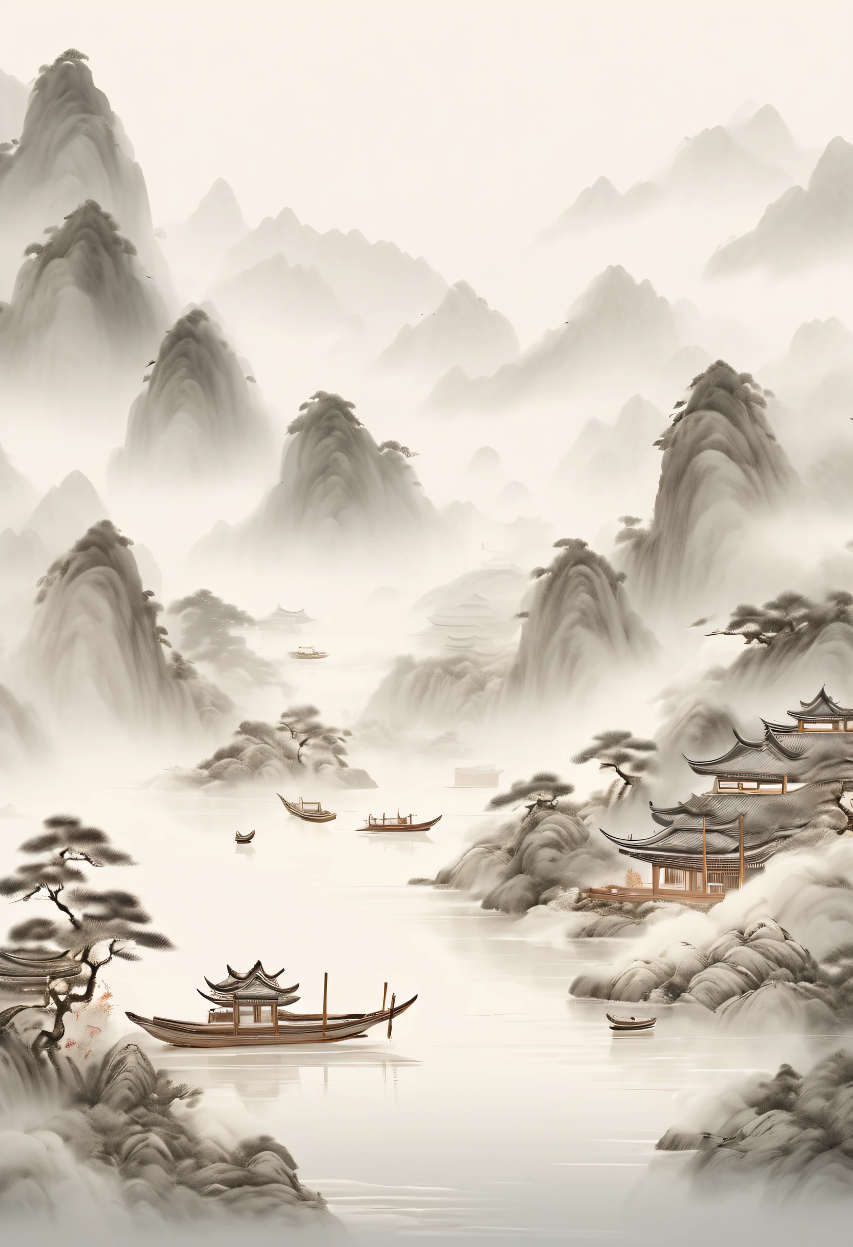 Chinese landscape painting,ink and watercolor painting,water ink,ink,Smudge,Faraway view,Ultra-wide viewing angle,Meticulous,water ink,Smudge,Meticulous,Smudge,low-saturation,Low contrast,Night rendering,Night view tone,The sea rises and the moon rises,The light boat has crossed the Ten Thousand Heavy Mountains,Beautifully depicted,A detailed,acurate,Works of masters,tmasterpiece