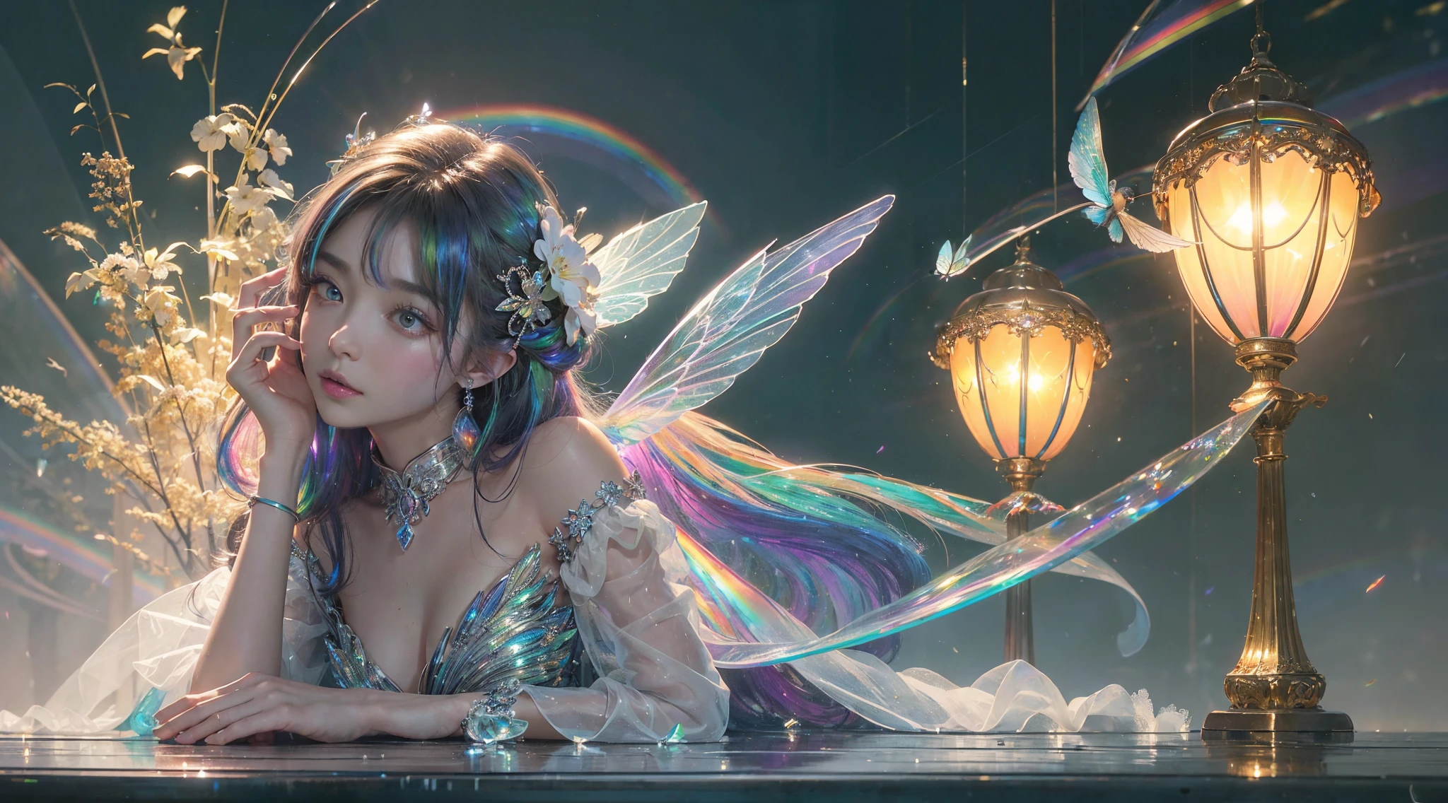 (((tmasterpiece))), (((Best quality at best))), ((ultra - detailed)),(Highly detailed CG illustration), ((Extremely Delicately Beautiful)),电影lamplight, Imitate the styles of current popular genre masters,Create stunning works of fantasy art. Works should contain mythology and fantasy、Fairy tale fantasy elements,And comes in dreamy rainbow colors. ((Use the rainbow as the primary color scheme.)) The character in the work is a delicate and strong petite figure,Full of mystery and magic, (Beautiful translucent rainbow wings). Pay close attention to intricate facial features, Such as bright colors and eye-catching shadows. 人物'Costume design should use tulle feathers, silk dress, Amazing embroidery, and subtle iridescent details. contains an icon (((Translucent rainbow))), dream color, 动态照明, Detailed background elements create a sense of awe and immersion. Includes a colorful flying magical bird and a jewel-toned rainbow butterfly with a magical halo. Consider the latest trends in fantasy art, por exemplo, Incorporate unique lighting effects, Discover dynamic and eye-catching composition techniques, And try a unique color palette. Get inspired by top artists on ArtStation and Midjourney. cameras: Choose an angle that highlights the beauty of the figure and enhances the magical majesty of the artwork. lamplight: Create depth and mood with mood lighting technology. settle down: Pursue high-resolution artwork,Demonstrate intricate detail and clarity. Artistic inspiration: Find inspiration from popular artists on ArtStation, Explore different styles, type, and the theme.