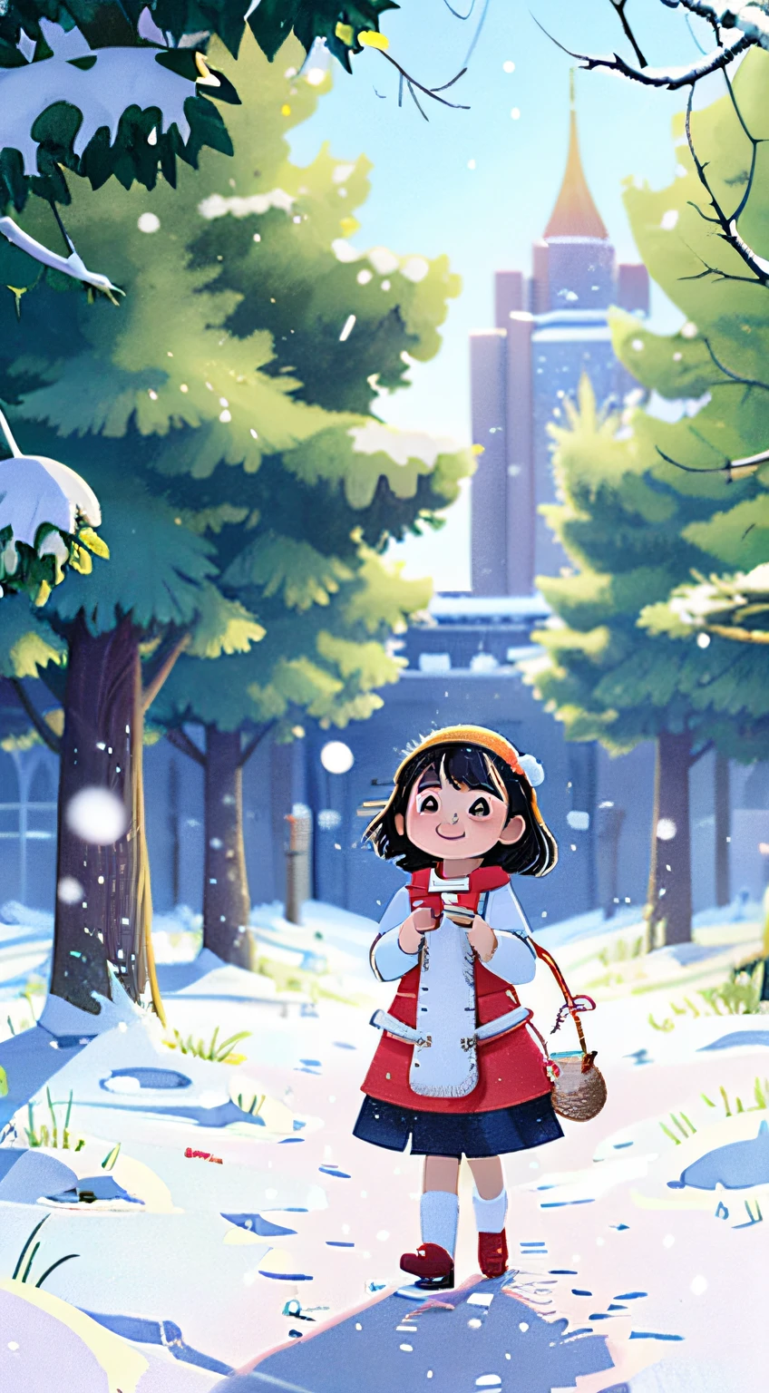 The fresh snow brings a pure feeling to everything around，earth、the trees、buildings are covered with snow，Presenting a flawless scene。A young girl wearing a pure white winter dress，Walk gracefully in the snow，Her skin was as fair as snow，eyes bright and clear，As if blending into the heavy snow。
