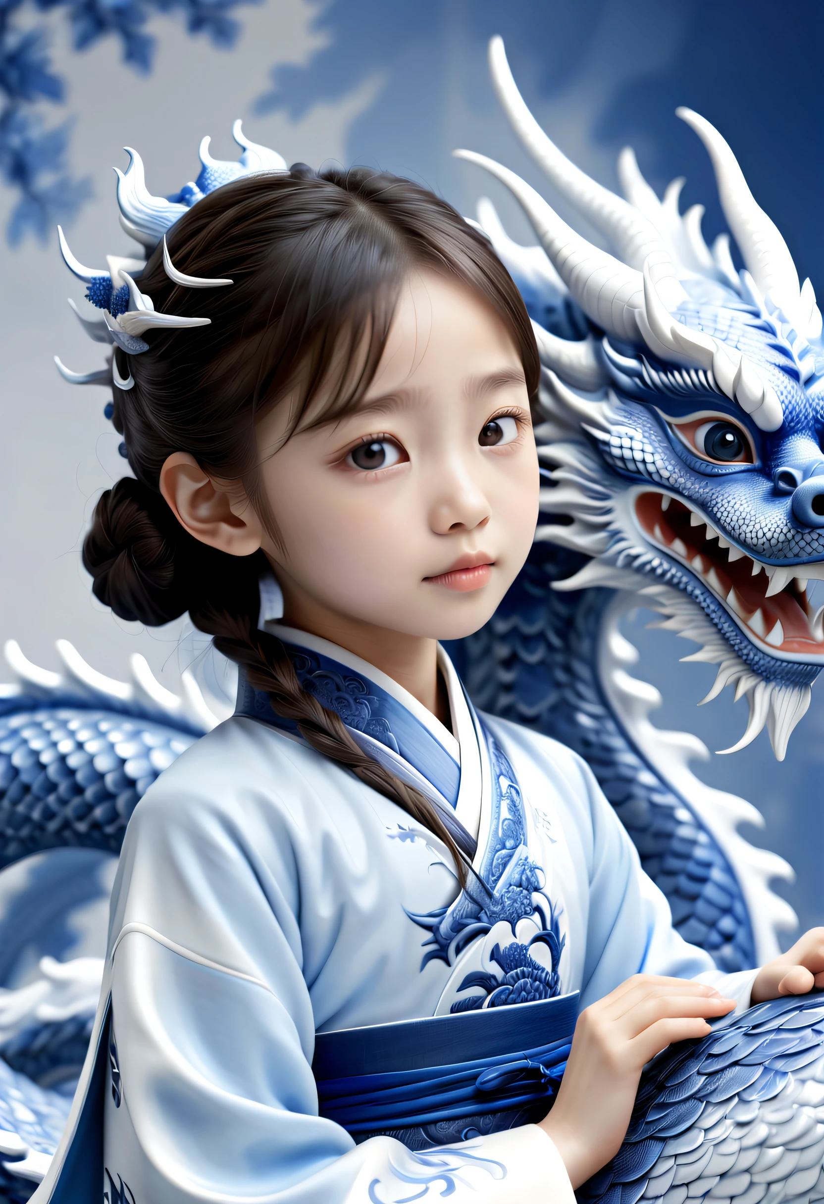 close up,A Chinese girl sits on a blue-and-white porcelain dragon,6 years like angelababy,wearing a gorgeous Hanfu, Blue and white porcelain dragon, dream scene, grand scene,minimalism,Chinese dragon,C4D rendering,Surrealism, master works, movie lighting, Ultra HD, fine details, color grading,32K