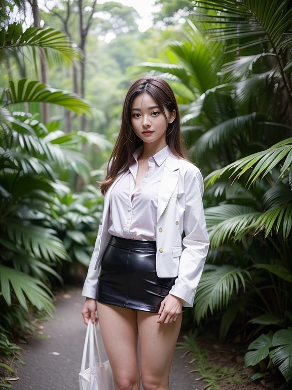 ((top-quality、in 8K、masterpiece:1.3、Raw photo))、Super high quality photos, In the tropical jungle, ((Wearing a business suit)), ((Wear a white blouse shirt under the jacket)), ((Perfect beauty 20 year old idol Japan woman)), ((a smile)), ((protruding nipples under the shirt,,)), ((slim figure)), ((Slim legs)), ((slim thigh)), ((Perfect beauty 20 year old idol Japan woman)), (Photorealistic: 1.4), (Ultra-high detail), (hyper realisitic: 1.4), (Realistic: 1.3), (Smooth lighting: 1.05), Full body, 1girl in, Solo, (Japanese actressl), 20yr old, cinematlic lighting, ((slim figure)), ((Leaner figure)), Good anatomy, Correct anatomy, In the tropical jungle, ((Perfect beauty 20 year old idol Japan woman)), ((slim figure)), ((Slim legs)), ((slim thigh)), ,((Perfect beauty)), ((He has a small camping bag in one hand.)), ((Panties are visible through the skirt)), ((a smile)), ((camel's toe)), ((The strong wind blew my skirt up and I could see my panties.)),