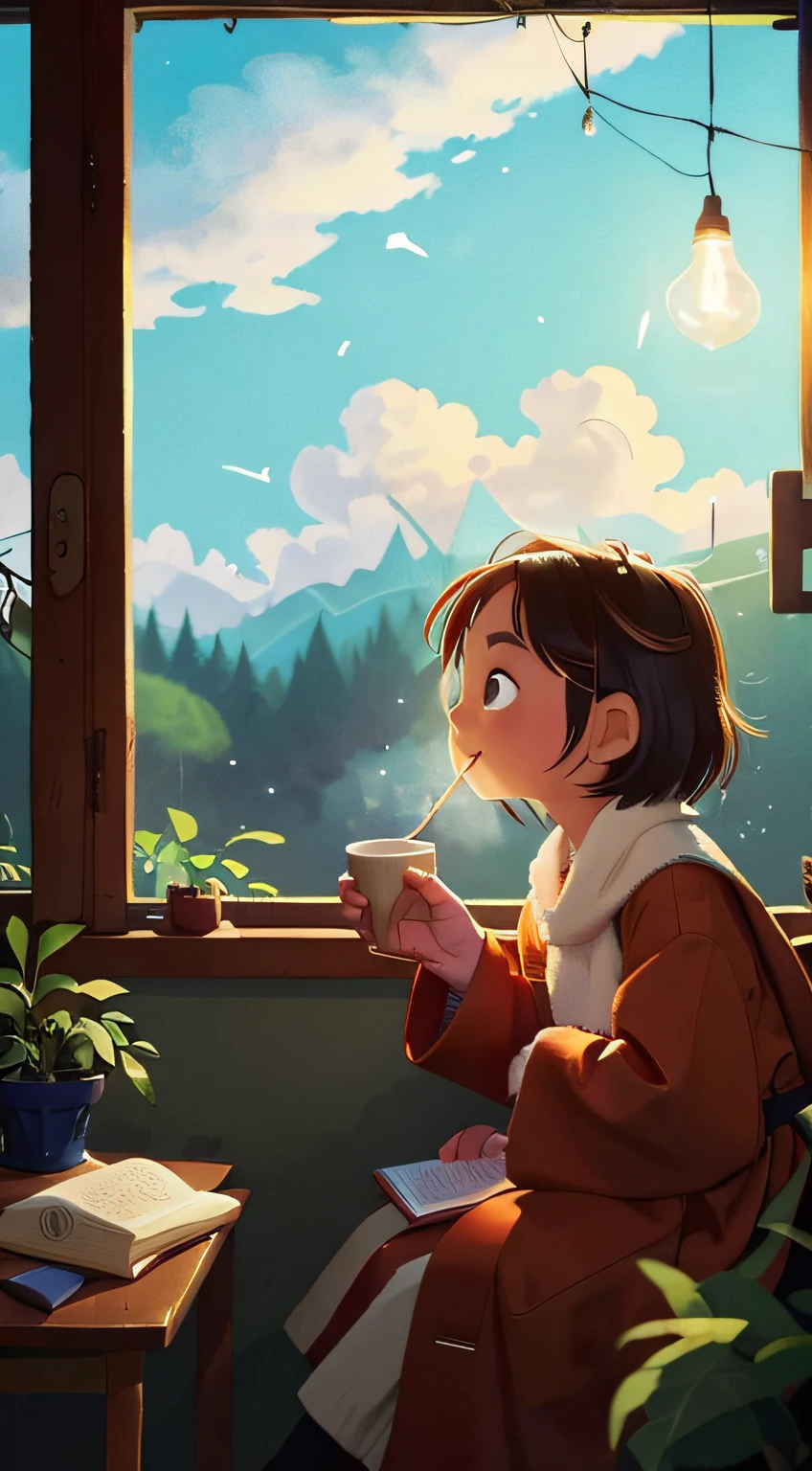 The sky at the beginning of winter looks deep and calm,The clouds are thick,The light from the sun shining through the gaps in the clouds looks soft and warm。A scholar in loose robes,sitting by the window,Holding a cup of hot tea,His eyes stare into the distance,My thoughts are wandering in the cold night of Beginning of Winter,The face is filled with a touch of tranquility and warmth。