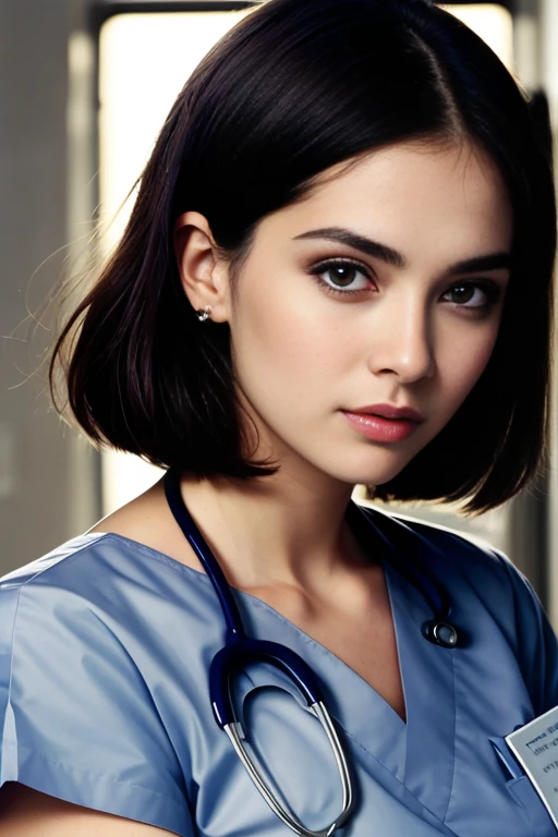 ((masterpiece, best quality)), beautiful 25-year-old Nordic woman (Chloe Grace Moretz:Milla Jovovich:0.5), (brown-black hair, bob hairstyle, square face), (medium breasts), (curvy, muscular body), (natural skin), legs, (tight nurse uniform:1.3), cleavage, (seductive expression:1.2), jewelry, dynamic, various poses, hospital ward background, (UHD, 8K wallpaper, High resolution), Cinematic lighting, physically-based rendering, award-winning, extremely detailed skin, extra detailed face, high detail eyes, Carl Zeiss 85 mm F/1.4, by Ellen von Unwerth