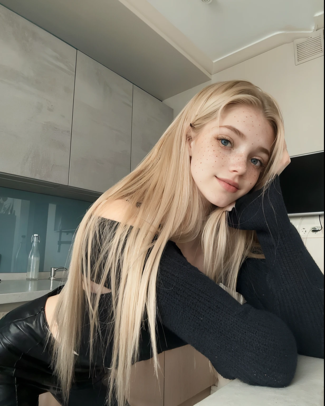 mulher, americana, 18 anos, pale skin and freckles, olhos cinzas, nariz delicado, soft and delicate lips, Cabelo blondie cinza longo e ondulados, sorriso meigo