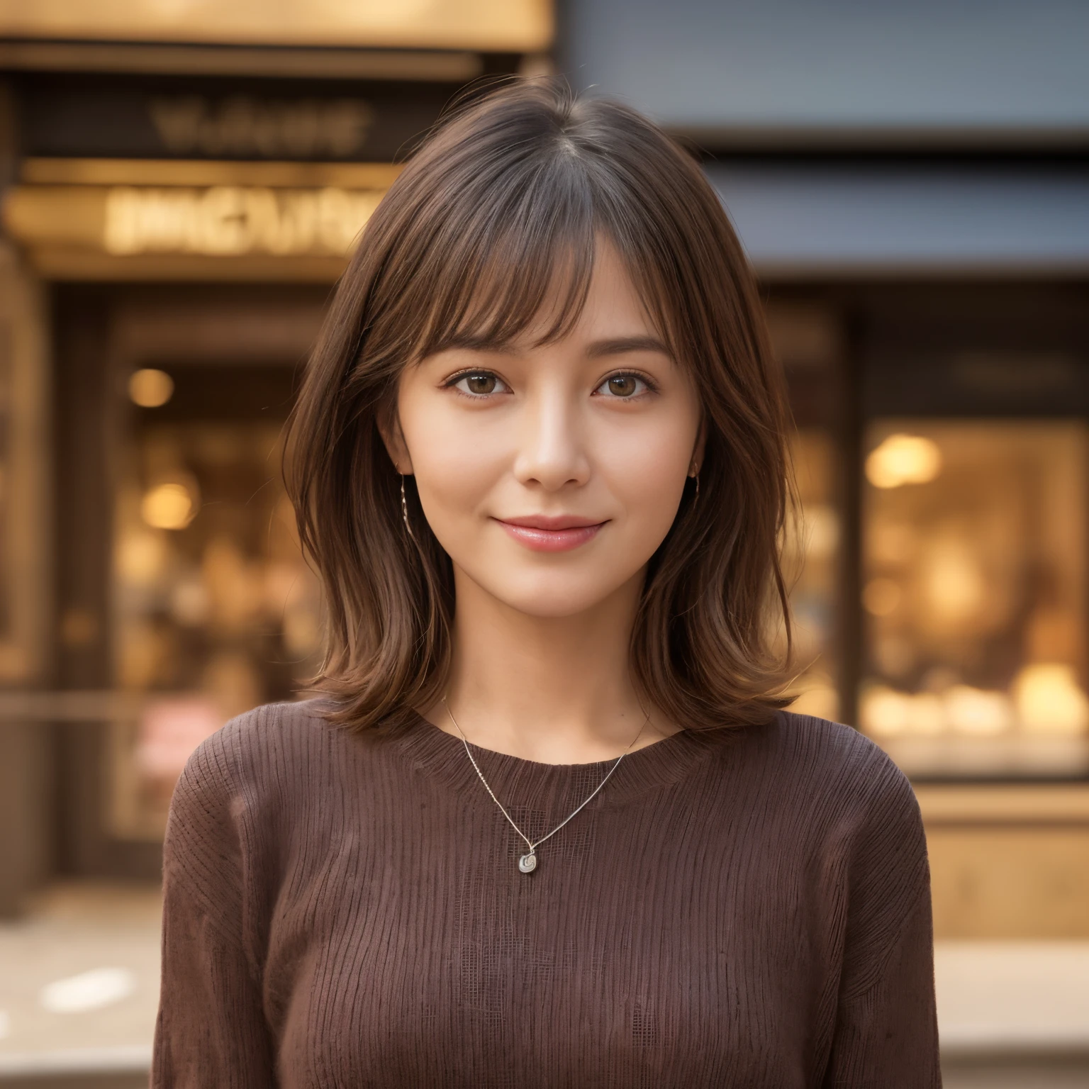 ((Downtown Paris、Realistic light、top-quality、8K、masterpiece:1.3))、1girl in、A slight smil、Slim Beauty:1.4、dark brown hair、Sweaters & Knitwear、Red bean-colored long skirt、Thin Silver Necklace、A detailed eye、zoomout、Beautiful Jewish woman、((facing front:1.3))、Thick lip、、((40 years:1.5))