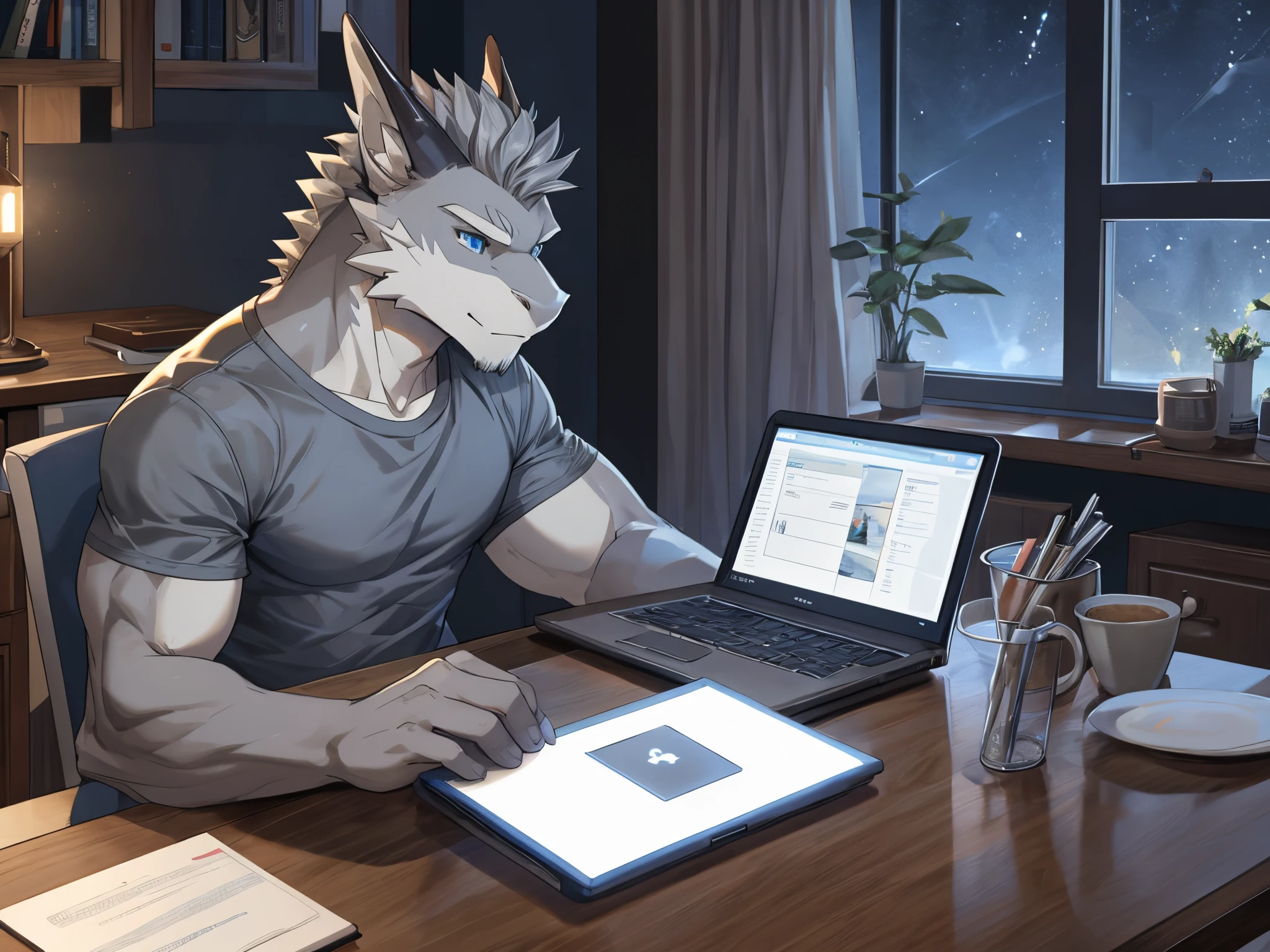 Masterpiece, Solo, Furry Gray Dragon, Gray Fur, Blue Eyes, Gray Short Hair, Medium Muscular Body, Handsome, Good Looking, Casual Shirt, Fierce, Sitting in chair, table, laptop, focus doing task, night time, bedroom.