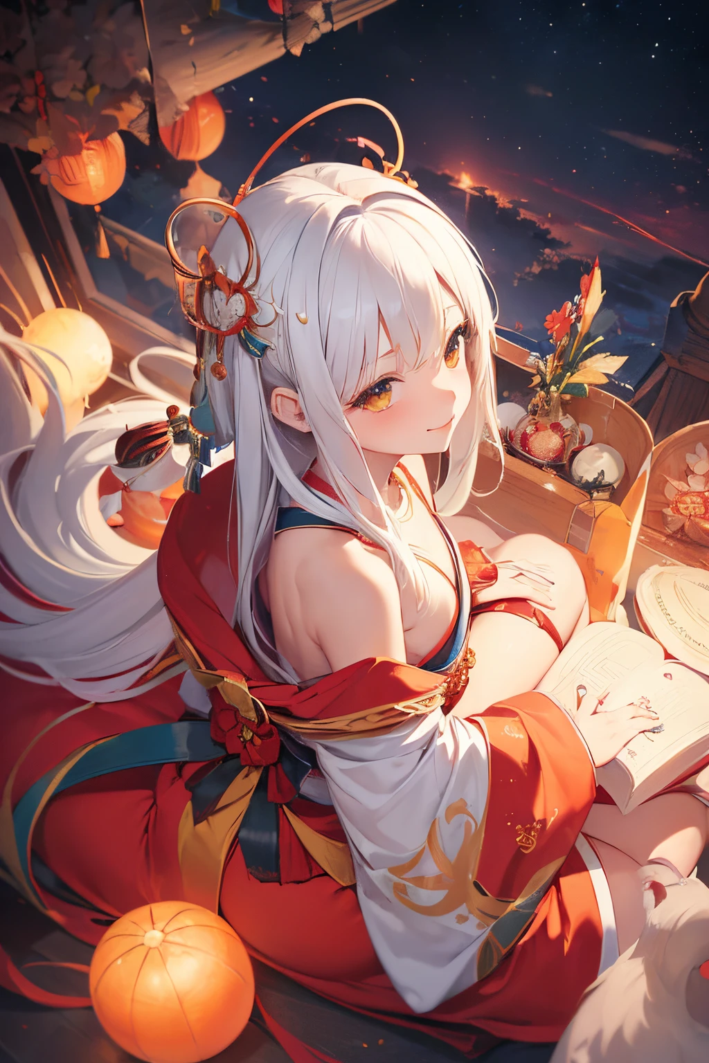 (((flat chest:1.4))),(((goddes,Amaterasu,calamus,beautiful white hair))),(((orange flame effect,dark backgrounds:1.5,cosmic space,magnificent panorama view,Radial backlight:1.7,beautiful kimonos,gorgeous colors,Red and white kimono,Komono))),((shine)),((masutepiece,cowboy shot,Angle from above,Wide background,Far angle,FULL BODYSHOT)),Beautiful detailed skin,Perfect human anatomy,perfect hand,beautiful boob,portrait of a beautiful woman,Perfect face,(Cute smile,Bright smile),Cute look,Cute emotions,Think,(blush),enticing lips,Perfect eyes,Cinematic scene,Cinematic,fulcolor,4K,8K,Raw photo,Studio portrait,professionally color graded,Professional Photography,(an extremely delicate and beautiful art)1.3,Elegant,Active Angle,Lens Glow,Realistic lighting and shading,Best Quality,top-quality,hight resolution,(1girl in:1.3)
