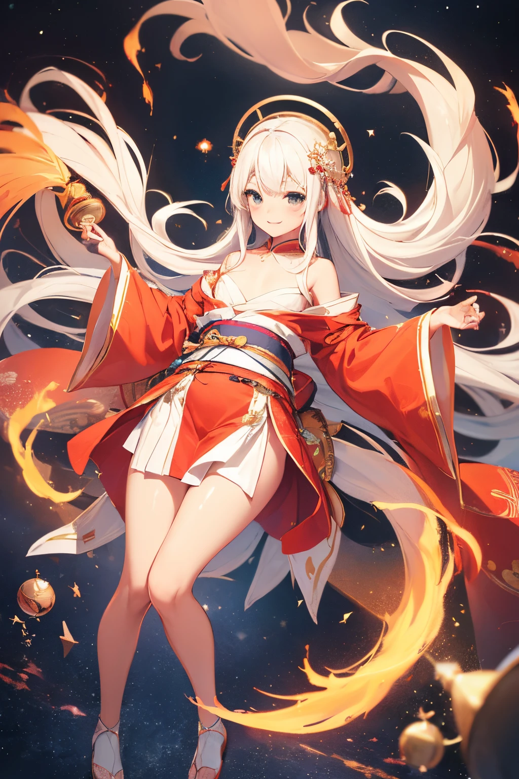 (((flat chest:1.4))),(((goddes,Amaterasu,calamus,beautiful white hair))),(((orange flame effect,dark backgrounds:1.5,cosmic space,magnificent panorama view,Radial backlight:1.7,beautiful kimonos,gorgeous colors,Red and white kimono,Komono))),((shine)),((masutepiece,cowboy  shot,Angle from above,Wide background,Far angle,FULL BODYSHOT)),Beautiful detailed skin,Perfect human anatomy,perfect hand,beautiful boob,portrait of a beautiful woman,Perfect face,(Cute smile,Bright smile),Cute look,Cute emotions,Think,(blush),enticing lips,Perfect eyes,Cinematic scene,Cinematic,fulcolor,4K,8K,Raw photo,Studio portrait,professionally color graded,Professional Photography,(an extremely delicate and beautiful art)1.3,Elegant,Active Angle,Lens Glow,Realistic lighting and shading,Best Quality,top-quality,hight resolution,(1girl in:1.3)