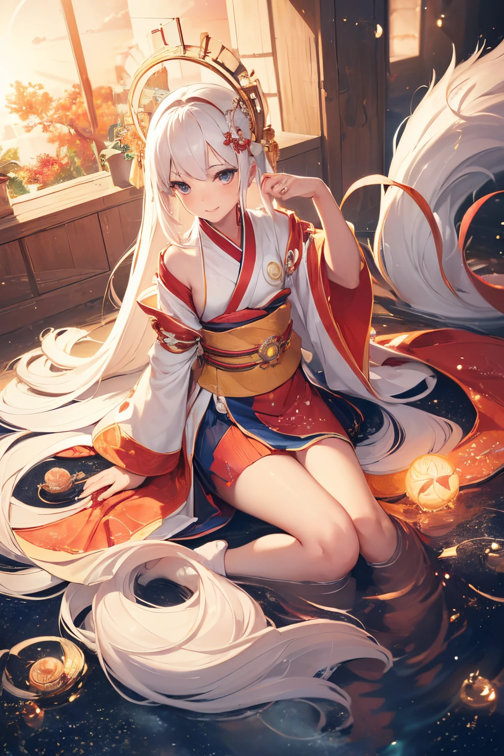 (((flat chest:1.4))),(((goddes,Amaterasu,calamus,beautiful white hair))),(((orange flame effect,dark backgrounds:1.5,cosmic space,magnificent panorama view,Radial backlight:1.7,beautiful kimonos,gorgeous colors,Red and white kimono,Komono))),((shine)),((masutepiece,cowboy  shot,Angle from above,Wide background,Far angle,FULL BODYSHOT)),Beautiful detailed skin,Perfect human anatomy,perfect hand,beautiful boob,portrait of a beautiful woman,Perfect face,(Cute smile,Bright smile),Cute look,Cute emotions,Think,(blush),enticing lips,Perfect eyes,Cinematic scene,Cinematic,fulcolor,4K,8K,Raw photo,Studio portrait,professionally color graded,Professional Photography,(an extremely delicate and beautiful art)1.3,Elegant,Active Angle,Lens Glow,Realistic lighting and shading,Best Quality,top-quality,hight resolution,(1girl in:1.3)