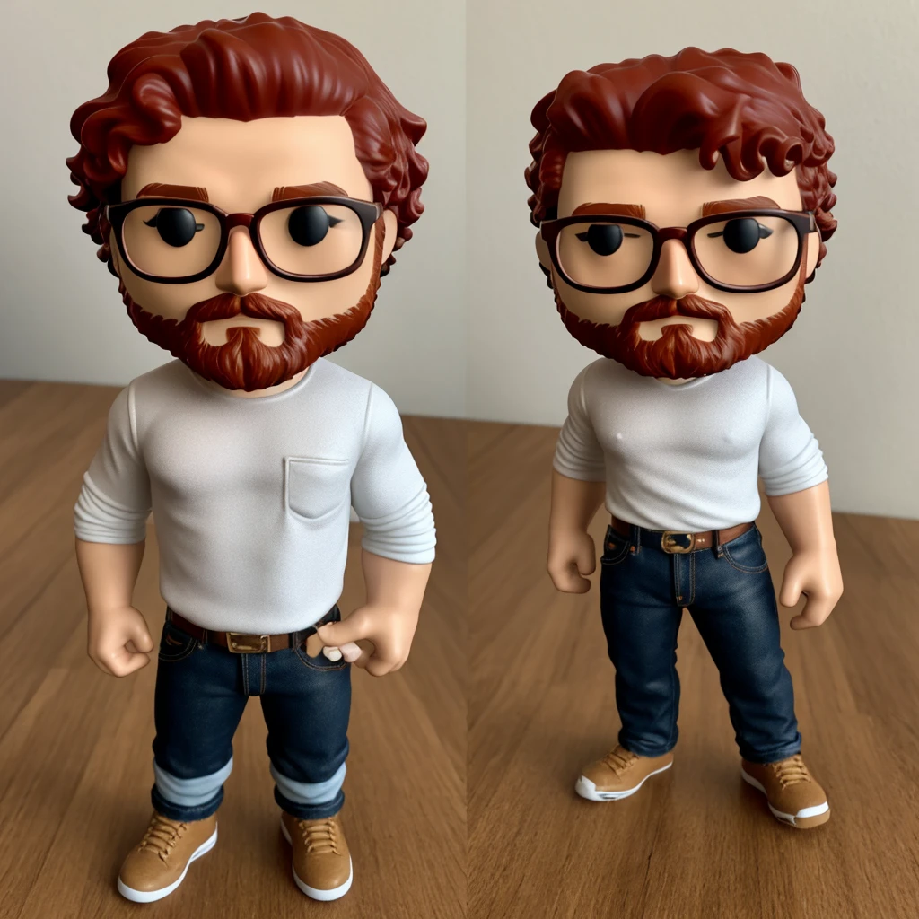 Funko, plain shirt, jeans, red hair, curly hair, beard, man, light skin, male, glasses, slightly freckled,