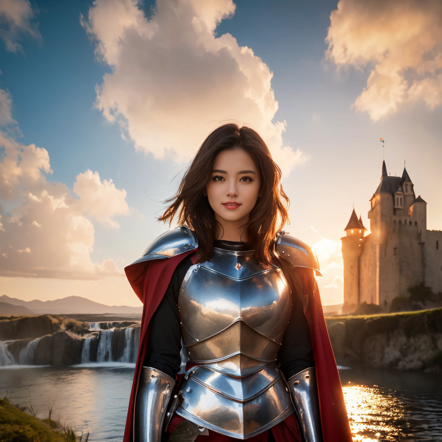 ((top-quality、masutepiece、8K、Top image quality、Hyper-Realism、SFW、1 photo))、(1 beautiful knight、Upper body photo:1.5)、(cowboy shot:1.3)、Walking、large full breasts、 (perfect shiny armor、red cloak、The most luxurious full body armor and cloak、The most gorgeous knight equipment、intricate knight armor、The most complex and luxurious medieval full body armor:1.2)、The background is a castle in medieval Europe、The perfect castle、Very intricate and luxurious castle background、huge waterfall、beautiful big waterfall、Beautiful sky、Beautiful cloud、Short Wave Hair、Dramatic, evening glow、Beautiful sunset、Spectacular sunset、smile looking at me、large full breasts、spectacular movie lighting