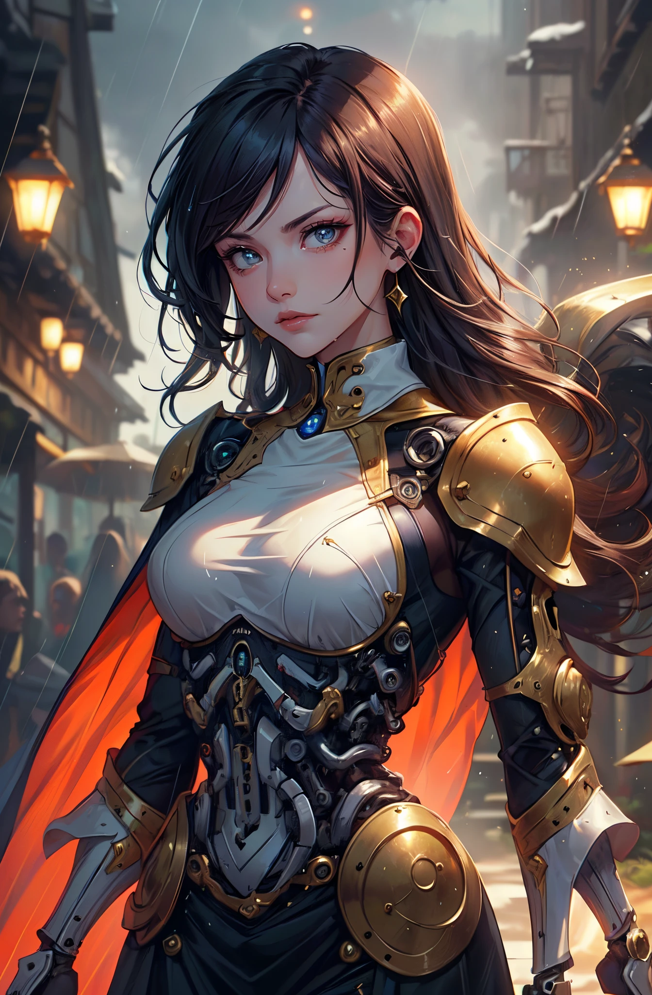 ((masterpiece)),(best quality), ((aristocrats 1girl android)), realmech, ((cinematic)), ambient occlusion, Nvidia ray tracing, dynamic:1.2, (absolutely eye-catching), (mechanical parts:1.3), rain:1.3, dynamic pose:1.3, makeup, (medieval:1.7), (elegant medieval dress), beautiful eyes, shadows, (rain:1.2), (close shot:1.2), dark, high contrast, beautiful face, wind:1.1, particles:1.2, thriller:1.3, night:1.2, (stern look:1.4)
