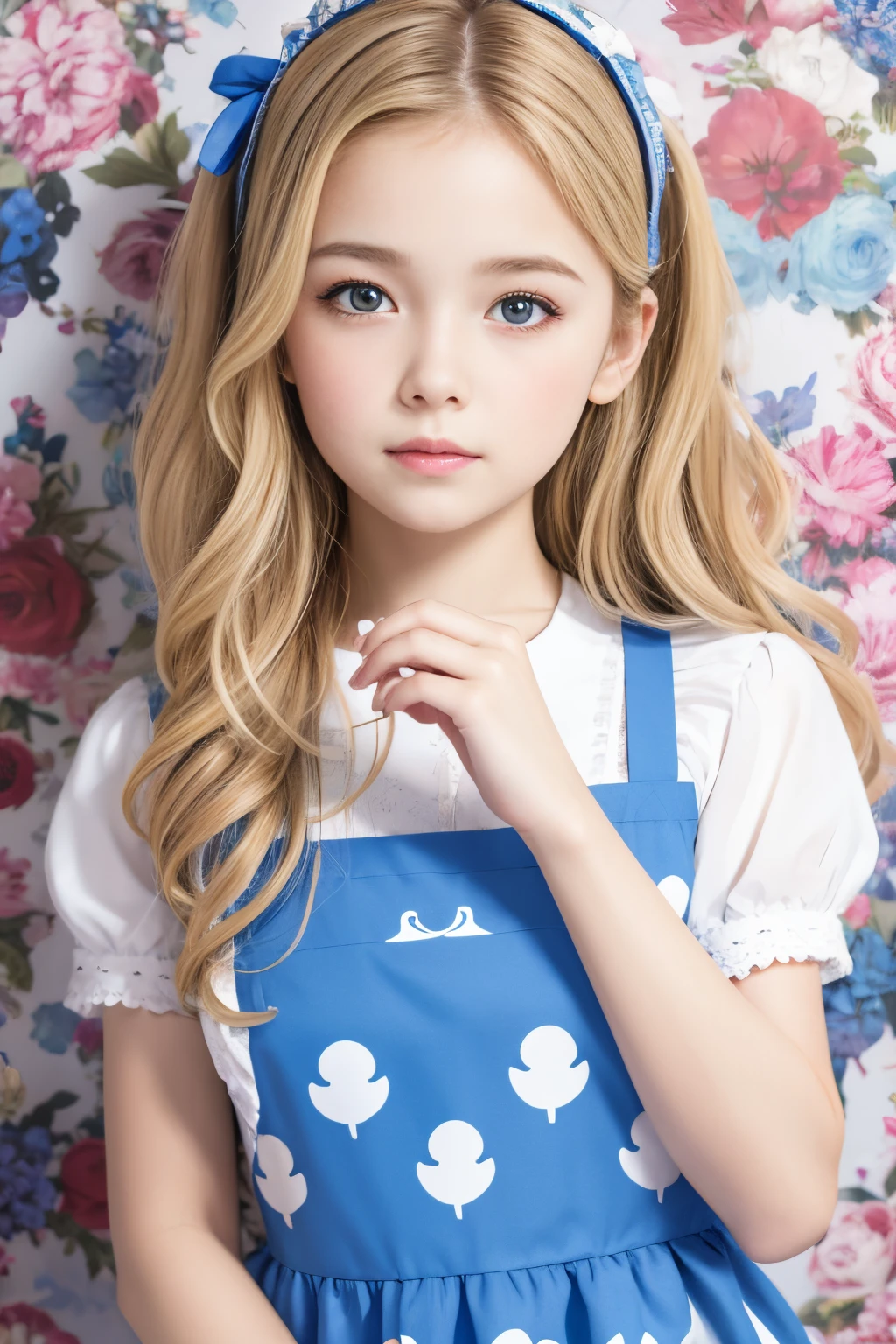 best quality, ultra highres, photoreaslistic, a photography of a cute girl, detailed face, (PureErosFace_V1:0.008), Alice in Wonderland, 13yo, blonde wavy hair, white apron, blue dress, playing card pattern background, no make-up