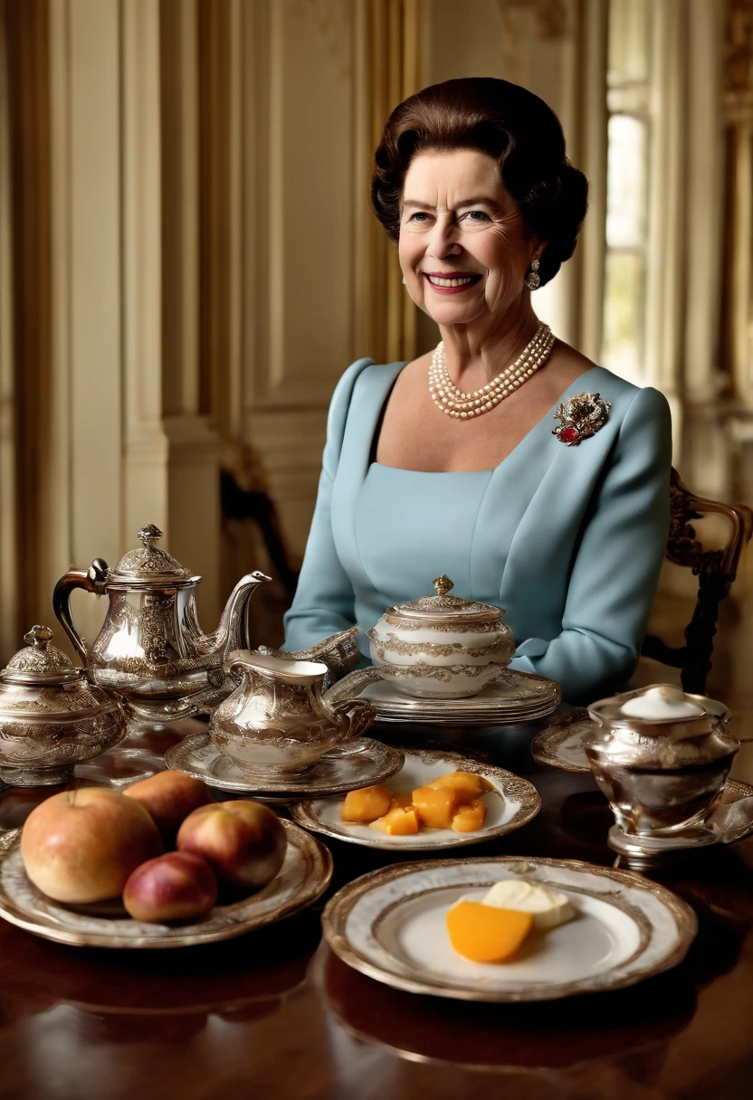 A photo of a traditional English breakfast spread on a polished mahogany table,Queen Elizabeth II,Queen Elizabeth II, known for her dignified and composed demeanor, typically appears in elegant, color-coordinated outfits, often accompanied by a matching hat and pearls, embodying the traditional and refined style befitting a monarch. Her appearance is marked by her signature hairstyle, kept consistent throughout her reign, and a warm, yet reserved smile that reflects her steady and composed nature.