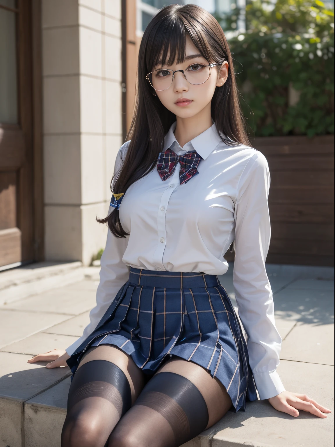 alone,solo,underwear, photo of 20 year old woman, red panties,cute, ((KPOP Idol)),very detailed eyes, small,small breasts,glasses,full body,anger,lace panties, sitting, panty shot,(open legs:1.3), dynamic pose,spread legs, skirt, office lady,suit, socks, black hair, shirt, blurred, blurred background, blue shirt, loafers, Realistic, Medium hair, Lips, Brown eyes, Black socks, Bow tie, Pleated skirt, Bow, Headrest, Sideways, Outdoors, Brown footwear, Masterpiece, Top quality, Ultra detailed navy blue and blue and white plaid pleated skirt, Sheer clothing, Black loafers, Tyohai, Black cotton socks,