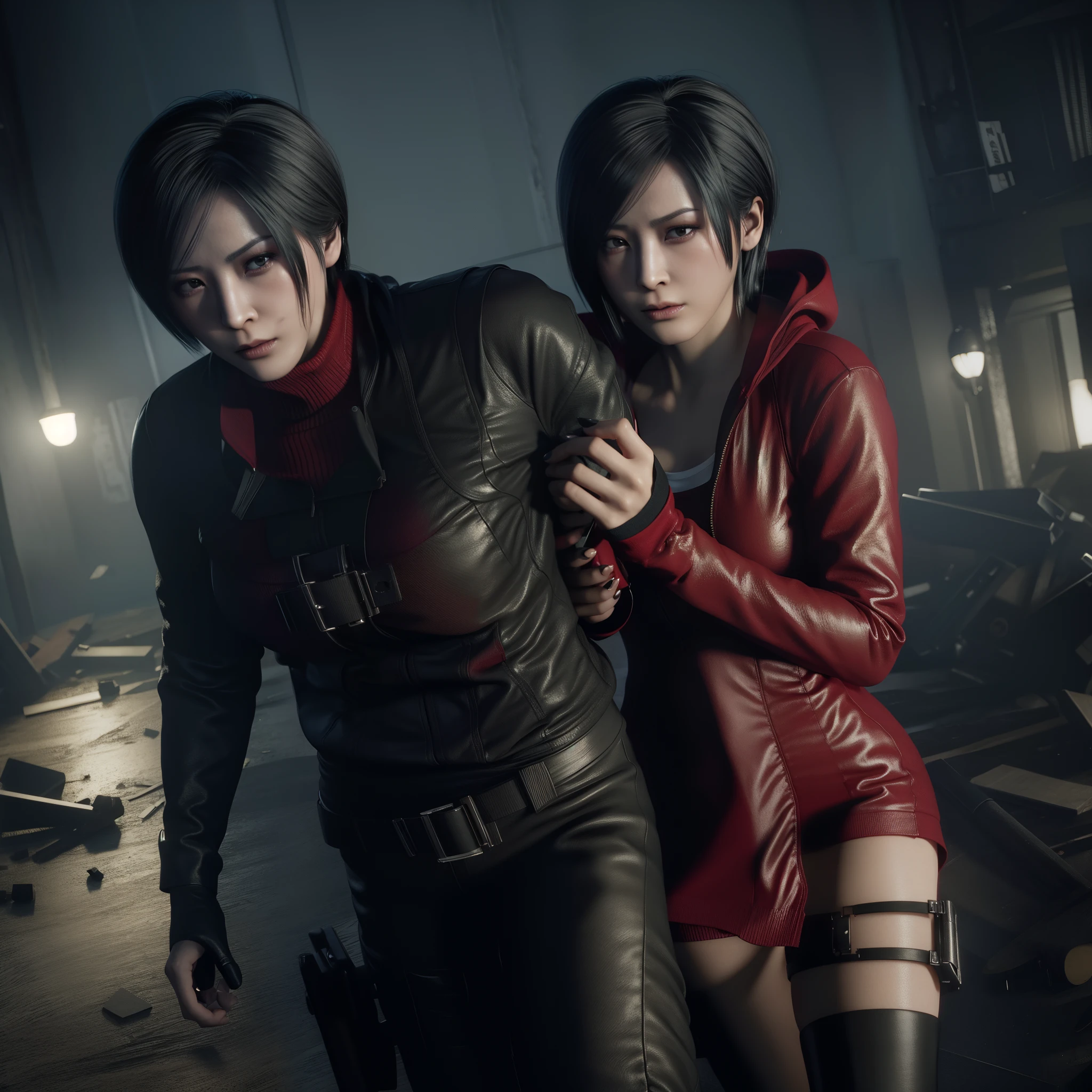 Ada wong ,Woman, wearing mini red dress with hoody, bob hair, Wearing Earrings, black nail polish, sad expression, glazed eyes