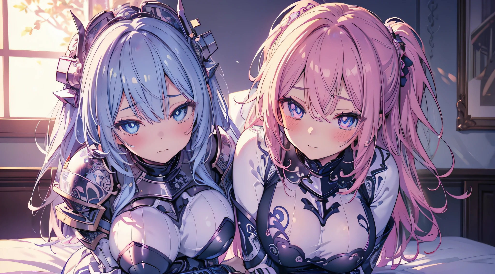 2 girl, posing for a picture on bed, hugging from behind, hand on chest, touching breast, blushed face, battle knight suit, breast plate, long skirt, big breast, pixiv, anime girls, mischievous facial expression, (beautiful detailed eyes:1.6), extremely detailed face, perfect lighting, extremely detailed anime illustration, (perfect hands, perfect anatomy),