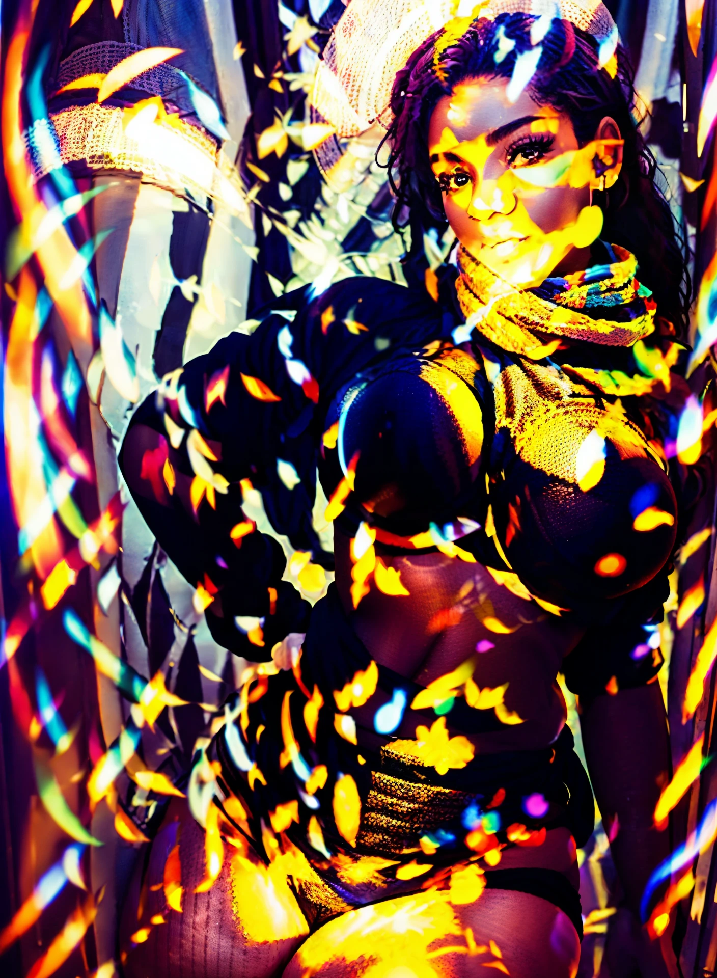 Garota ruiva, Minnie Mlungwana, dark skin WOMAN WITH WIDE HIPS AND BIG BUTTOCKS AND THICK THIGHS AND BIG HIPS, objective: (display epic poses of subject with scarf mask sweater leggings), Womancore, cellophane couture, shot on hasselblad, shot on Fujifilm superia --auto --s2
