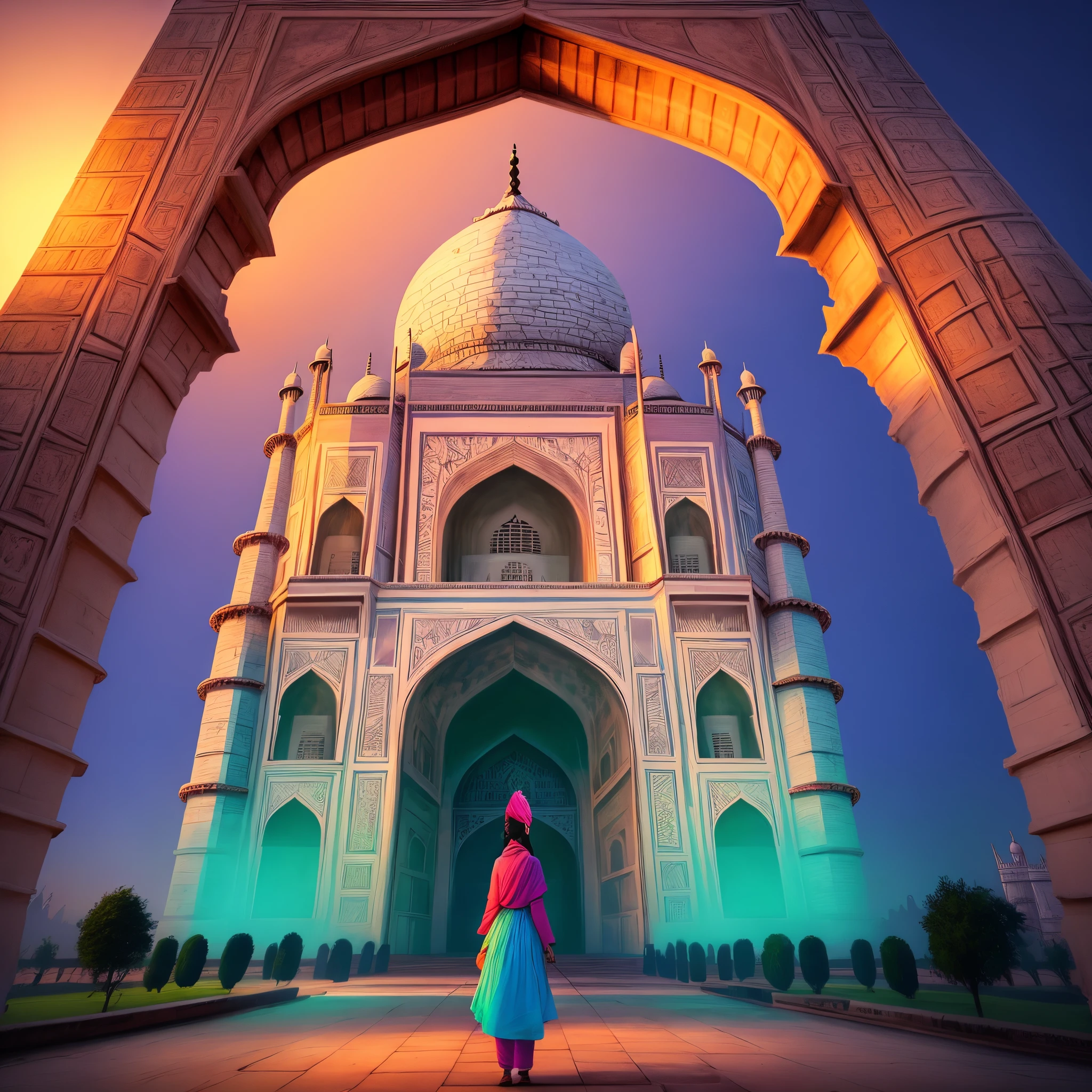 Composition: "Compose an image showcasing the majestic Taj Mahal as the backdrop, with the enchanting and colorful Aurora Borealis lighting up the night sky. The composition should capture the grandeur of the monument and the ethereal beauty of the Aurora."

Person: "In the foreground, include a silhouette of a lone figure standing in awe of the celestial display. The person should be positioned in a way that accentuates the scale of the Taj Mahal and the vastness of the sky."

Background: "Set the scene at the iconic Taj Mahal, with its intricate architecture and pristine white marble gleaming in the moonlight. Above, the night sky is adorned with the vibrant colors of the Aurora Borealis, creating a surreal and breathtaking atmosphere."