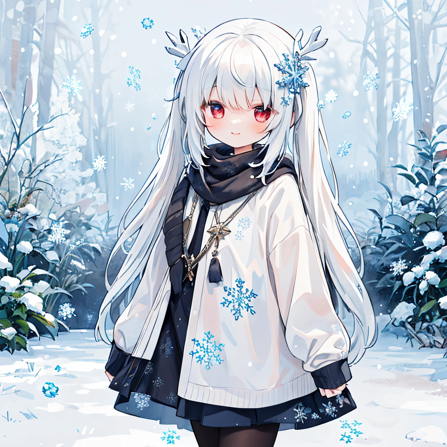 Transparent watercolor,girl with,Jewel Eyes,Beautiful arrangements and motifs、Originality、GAMECHARACTER DESIGN、depth of fields , Fantastic, Beauty、Transparency、GAMECHARACTER DESIGN、(one girls:1.0)、(red twin tails)、(Red muffler)、［White hair］、Red Stall、White Jumper、Clothes with a dirt theme、Red Eyes、Cute smile、Cute、Cute、heart mark、snowflakes fluttering、Snowflake、Winters、Snow around、snowflake pedestal