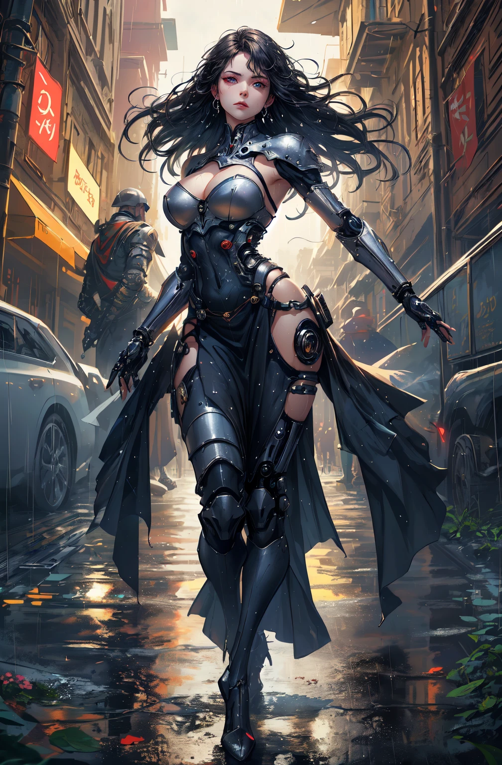 ((masterpiece)),(best quality), ((aristocrats 1girl android)), realmech, ((cinematic)), ambient occlusion, Nvidia ray tracing, dynamic:1.2, (absolutely eye-catching), (mechanical parts:1.3), rain:1.3, dynamic pose:1.3, makeup, (medieval:1.7), (elegant medieval dress), beautiful eyes, shadows, (rain:1.2), (close dynamic shot:1.2), dark, high contrast, beautiful face, wind:1.1, particles:1.2, thriller:1.3, night:1.2, (stern look:1.4)