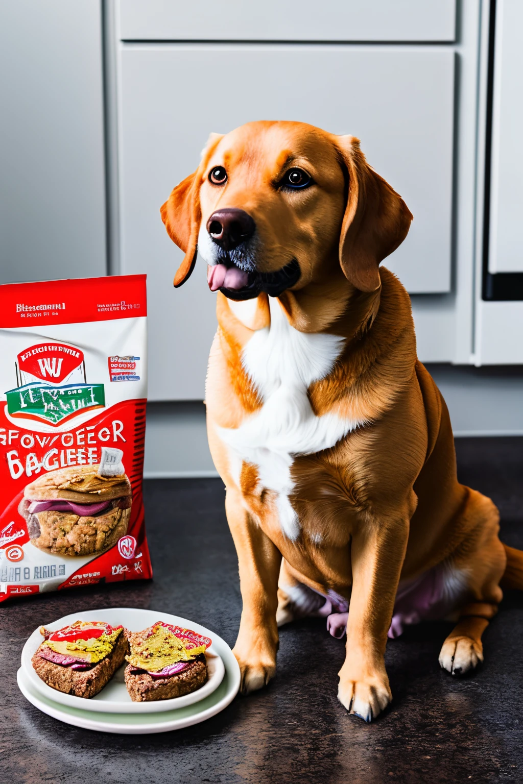 Dog looking at a bag of food and a raw hamburger steak