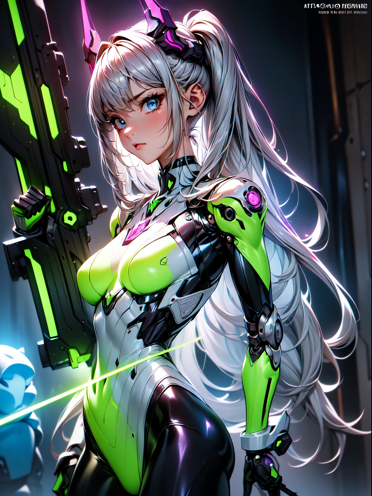 absurderes,(masterpiece、top-quality,intricate detailes),ultra-detailliert、1beautiful woman,(Machine Girl 1.3),Purple long hair,(Mechanical body,mechanical arms :1.4),(greenr&Silver metallic body:1.3),(weapon ,laser sword :1.3),Neon Light Parts,Red glowing neon lights,Blue Glowing Neon Lights、Mechanical headgear ,Upper body,(Cyberpunk ),(Fighting pose:1.2),Hyper realistic,Perfect Anatomy