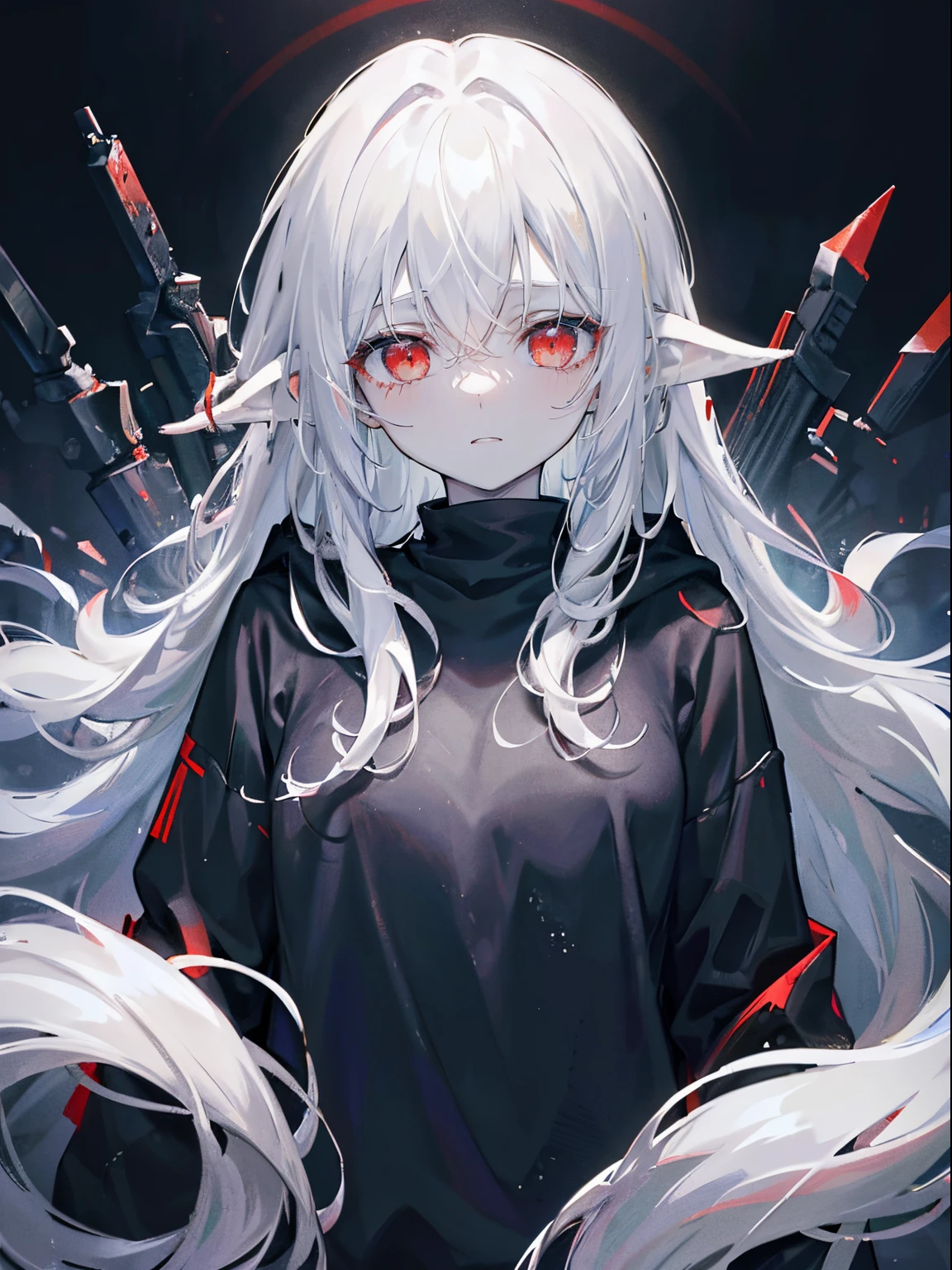 (masterpiece,best quality,ultra-detailed),1girl,black hair,long hair, messy hair, thick hair,black sweter, pointy ears,pale skin,red eyes, glowing eyes,dark ambient,(grey theme)