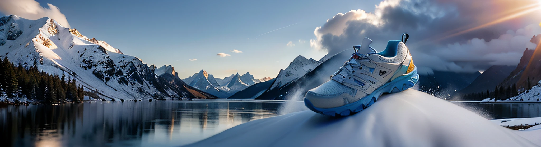 (a huge brown travel shoe），tmasterpiece，Best quality，extremely beautiful reflection，best return（Very detailed CG unified 8k wallpaper）（Best quality)(The best illustrations)，(The best shadow），Snow mountain theme and natural elements， scenecy， exteriors， Skysky， ​​clouds， daysies， No Man， mont， The landscape， Eau， The tree， blue-sky， waterfallr， precipice， naturey， lake， flod， mostly cloudy sky， award winning photography， bokeh， depth of fields， HDR（nature elements)，(Snow mountain theme)，（Big mountains in the distance)，Octagon rendering，Ray traching，ultra - detailed，Cinematic light and shadow，The shoes themselves may not be replaced