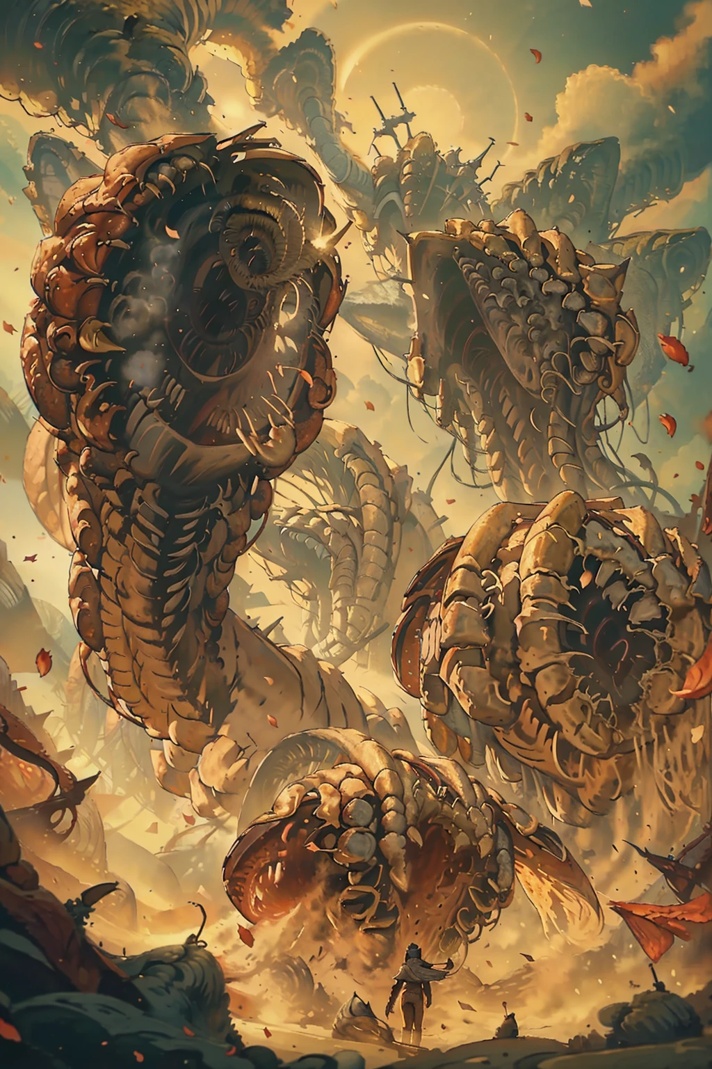 (​masterpiece:1.3),(Top image quality,top-quality),8K,high details,(A giant earthworm-like sandworm attacks leaving devastation),There are countless fangs in the mouth like petals, metal plates lining the body, great spires litter the background