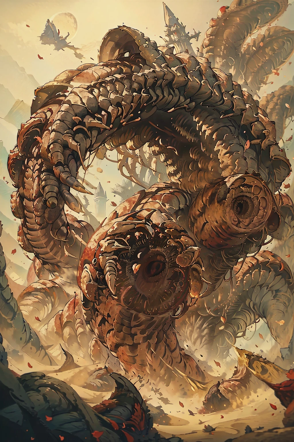 (​masterpiece:1.3),(Top image quality,top-quality),8K,high details,(A giant earthworm-like sandworm attacks leaving devastation),There are countless fangs in the mouth like petals, metal plates lining the body, great spires litter the background