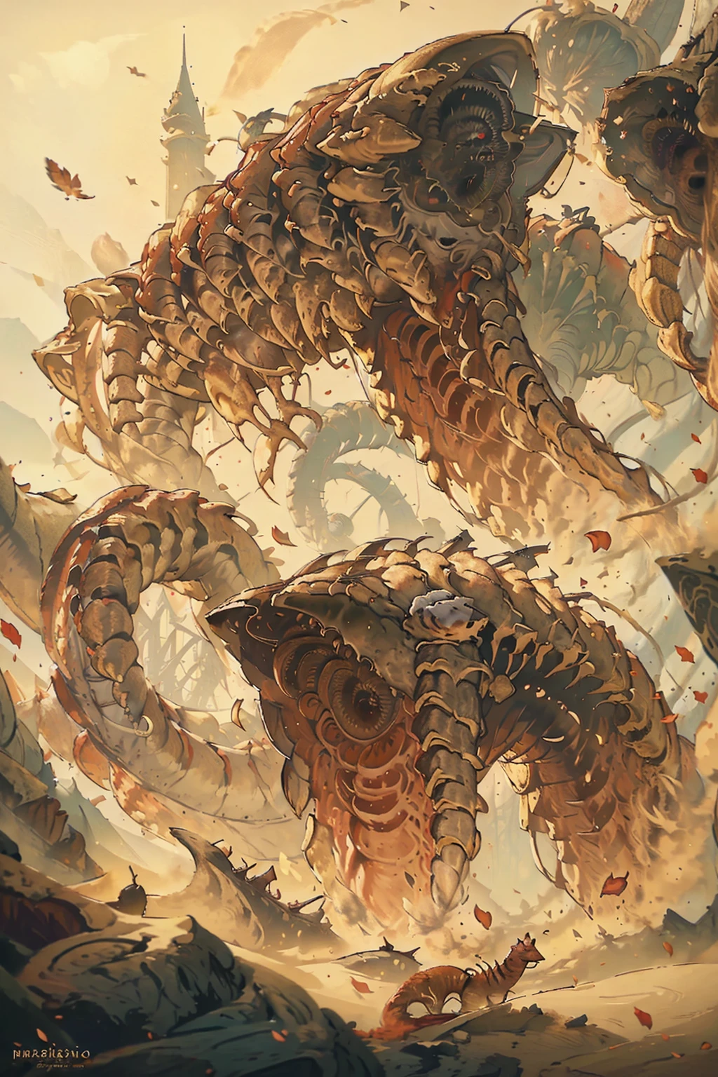 (​masterpiece:1.3),(Top image quality,top-quality),8K,high details,(A giant earthworm-like sandworm attacks leaving devastation),There are countless fangs in the mouth like petals, metal plates lining the body, great spires litter the background