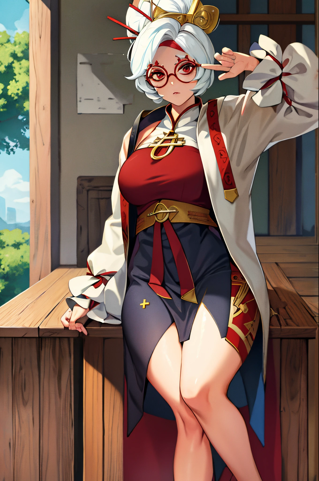 White hair、short-hair、Large round glasses、Red glasses、Red Eyes、Sitting on a wooden chair、cross one's legs