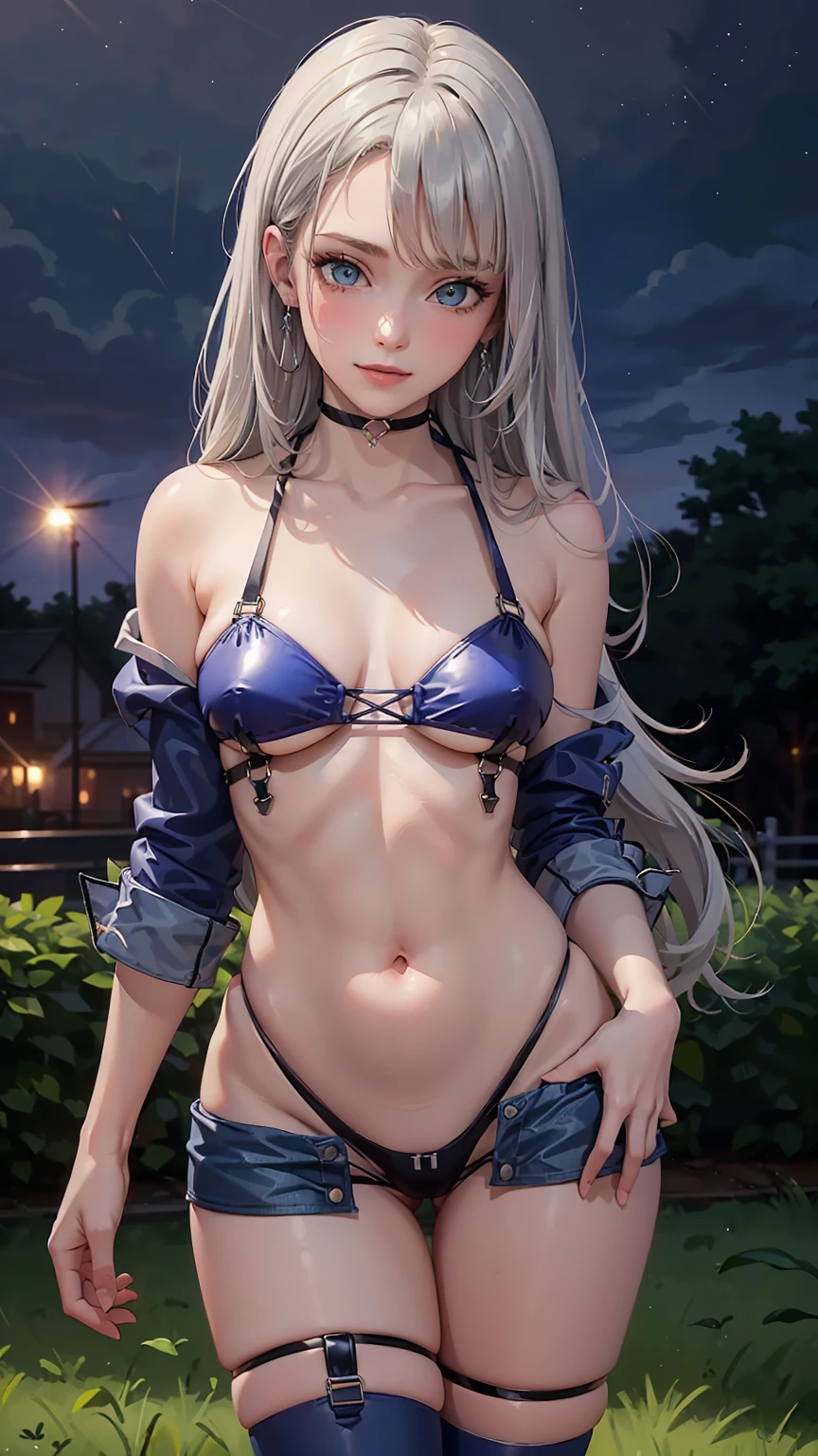 ((((masterpiece, best quality, high resolution)))), (1girl:1.5), ((long silky hair, silver hair, yellow eyes, earrings, choker)), (medium breasts:1.2), blush, light smile, parted lips, glow, thighs, bare shoulders, collarbone, narrow waist, (slender body figure), cleavage, (beautiful detailed face, beautiful detailed eyes), ((race queen, black choker, cleavage, multi-strapped bikini, harness, cropped jacket, blue jacket, open clothes, (groin:1.2), thigh strap, blue thighhighs, micro shorts)), ((standing up)), looking at viewer, nighttime,