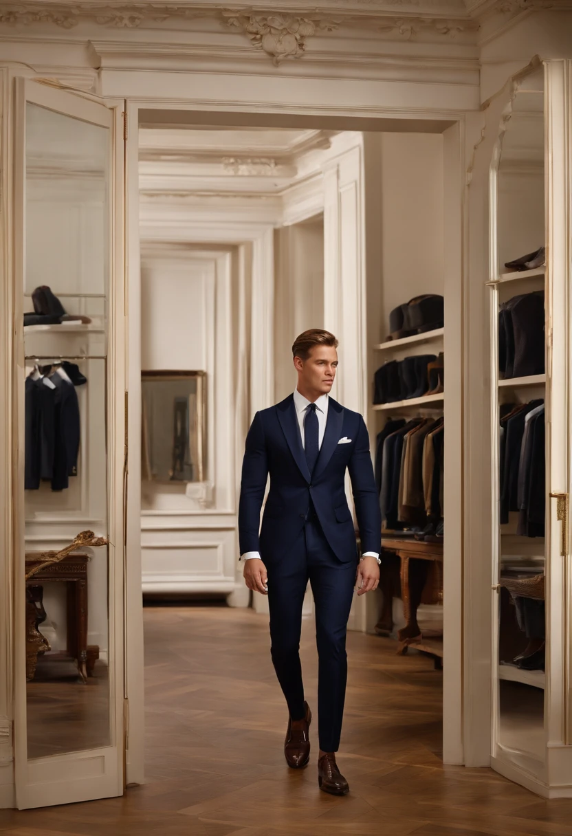 A photo of Nicholas meticulously arranging a collection of antique daggers and ornate letter openers on an elegant velvet-lined display case.,original,Nicholas looks like the actor and celebrity Tom Glynn-Carney.

Gender: Male

Physical Attributes:
Nicholas possesses a well-maintained physique, distinguished by a toned and slim build, which accentuates his graceful presence. His skin carries a light tan, imbuing him with a healthy, sun-kissed glow that hints at an active lifestyle. His eyes, a piercing shade of blue, draw attention with their depth and clarity.

Hair:
Nicholas sports short, neatly groomed dirty blonde hair, which not only complements his appearance but also underscores his commitment to a polished and sophisticated look.

Apparel:
Nicholas is characterized by a tasteful and understated sense of fashion. He favors a plain crewneck shirt, reflecting his appreciation for simplicity and practicality. These versatile shirts convey an air of effortlessness and serve as a canvas for his inner complexities.

Complementing his shirt, he chooses straight-leg jeans that strike a harmonious balance between comfort and style. These jeans underscore his practicality, ensuring he's well-prepared for the rigors of everyday life.

To shield against the elements, Nicholas dons a warm and elegant coat, reinforcing his dedication to a refined and polished image. The coat not only offers protection but also projects a hint of sophistication that aligns with his enigmatic persona.

Completing his ensemble, Nicholas opts for semi-formal shoes. These choices combine style and comfort, allowing him to navigate seamlessly between casual and more formal settings. This footwear underscores his adaptability, an attribute that resonates with his multifaceted personality.

In addition to his attire, it's important to note that Nicholas's fashion choices go beyond mere garments; they reflect his personality, which embodies a compelling blend of charm, intelligence, and darkness.