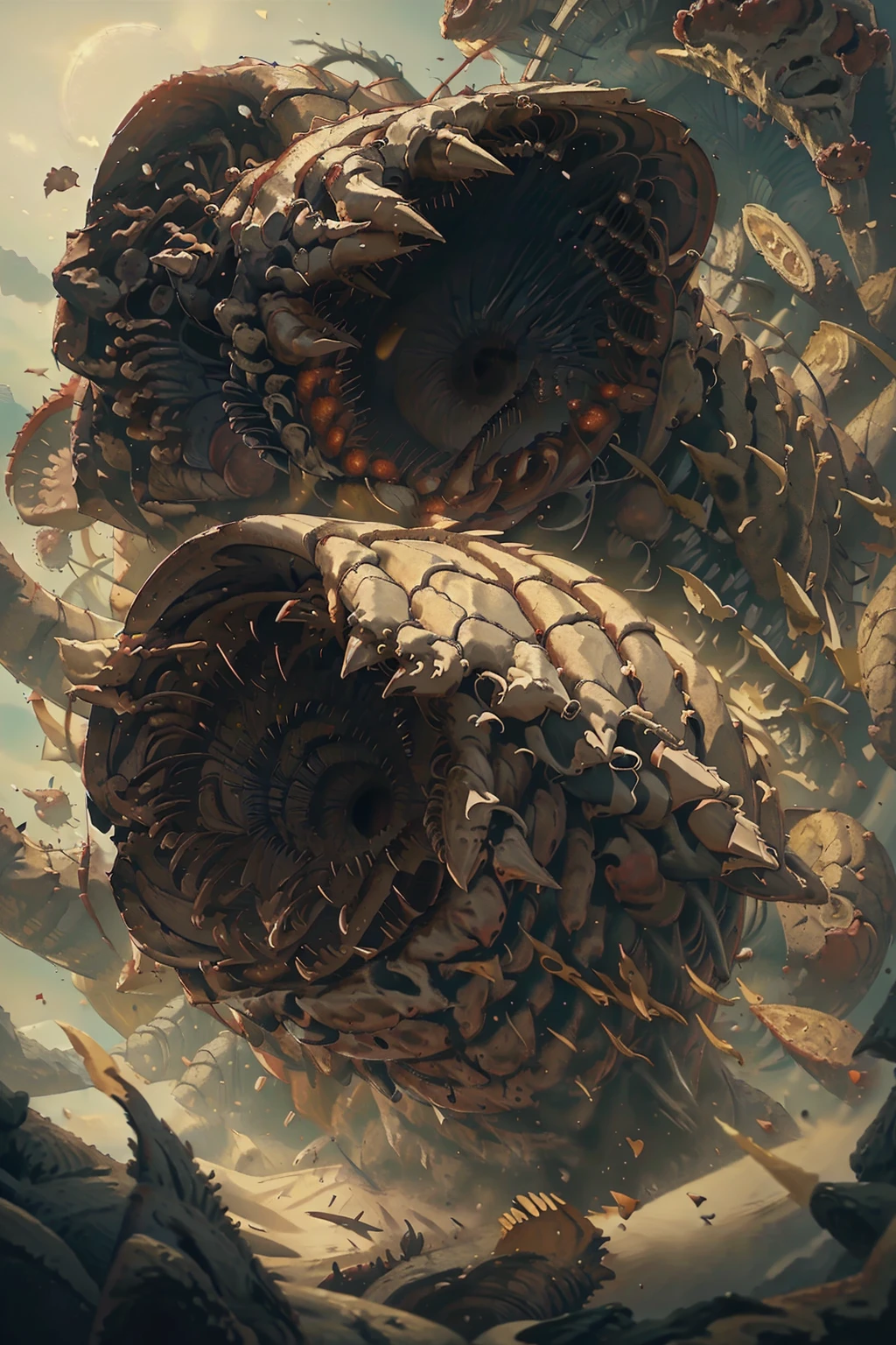 (​masterpiece:1.3),(Top image quality,top-quality),8K,high details,(A giant earthworm-like sandworm attacks leaving devastation),There are countless fangs in the mouth like petals, metal plates lining the body, great spires litter the background