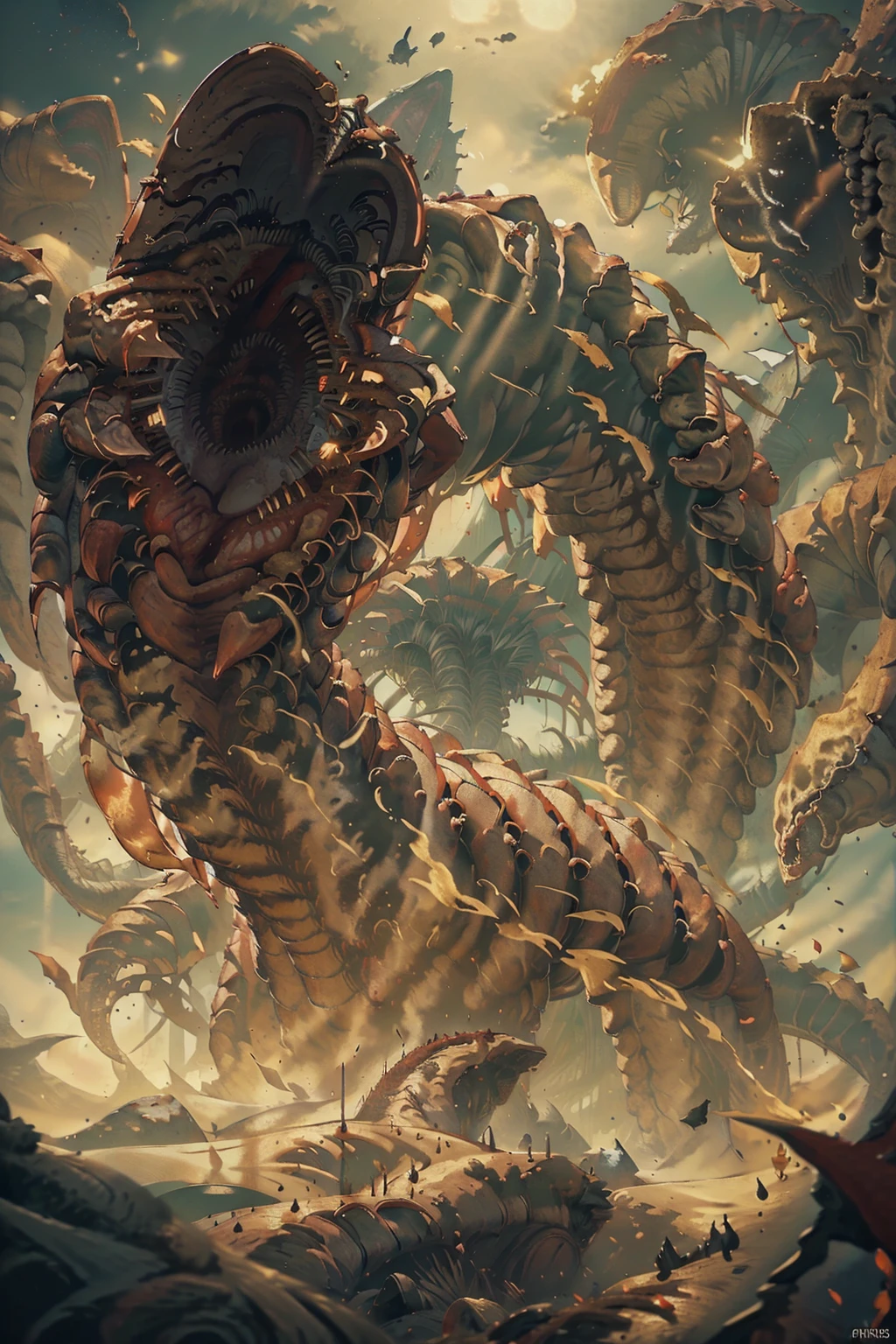 (​masterpiece:1.3),(Top image quality,top-quality),8K,high details,(A giant earthworm-like sandworm attacks leaving devastation),There are countless fangs in the mouth like petals, metal plates lining the body, great spires litter the background