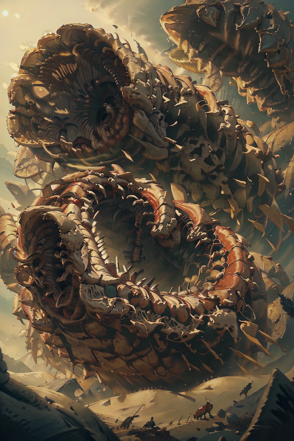 (​masterpiece:1.3),(Top image quality,top-quality),8K,high details,(A giant earthworm-like sandworm attacks leaving devastation),There are countless fangs in the mouth like petals, metal plates lining the body, great spires litter the background