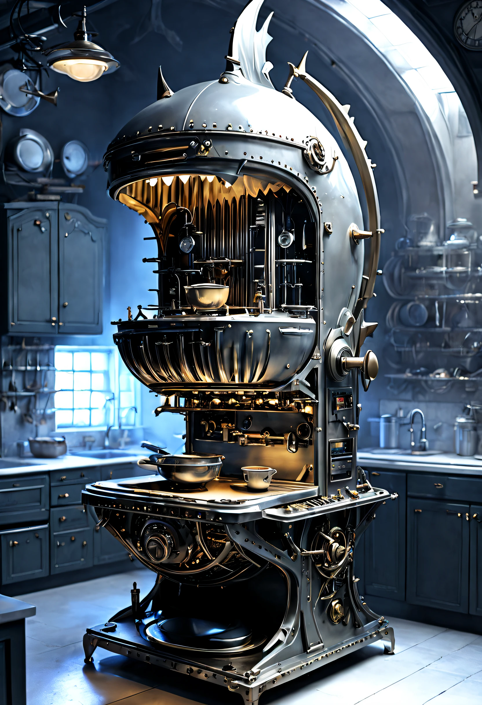 Kaia Koopman (Kaia Koopman) Stylized, （Shark shaped dishwasher），plates and bowls，goth style，punk，Creative product design，Very unified CG，Complicated details， Background with：kitchen wasteland, sci fi art, Space style，Excellent，hyper realisitc，Thriller