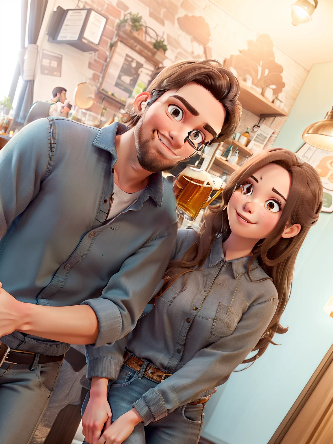 Young white couple, medium dark brown hair, brown eyes, wearing jeans and black blouse, drinking beer in a restaurant party room, illustrations, high resolution, ultra-detailed, realistic, portraits, vibrant colors, soft lighting