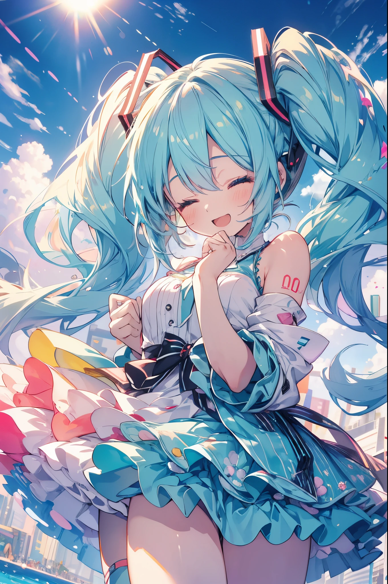 One Hatsune Miku, colorful parade, dream sweets, Enjoy, Blue twin tails, kawaii, ((Hands are stretched out here)), closed eyes smile, Smile with open mouth, nice looking cheeks, optic, ​masterpiece, top-quality, An ultra-high picture quality
