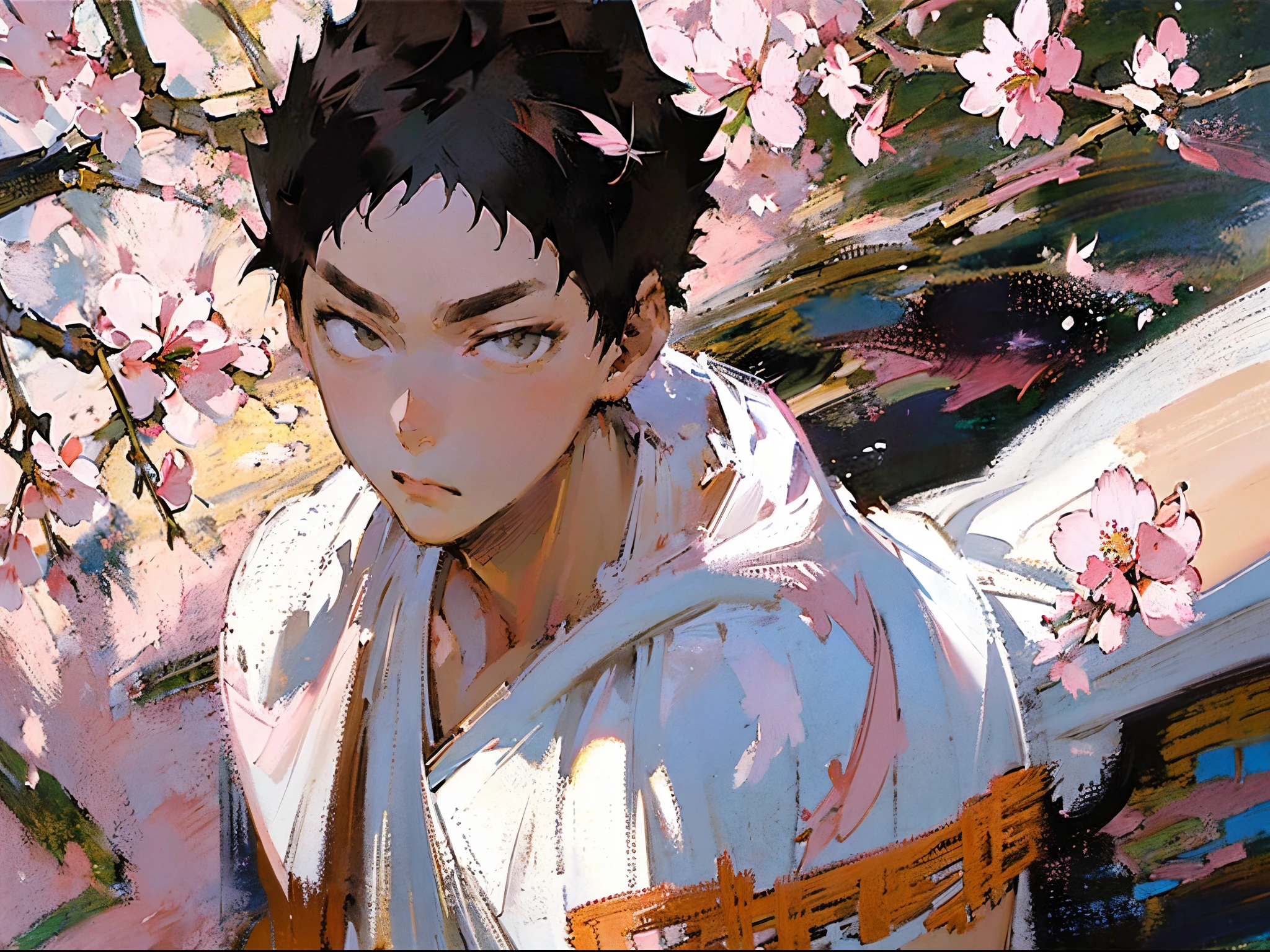 (((solo focus))),(((1 boy))),male focus,(((iwaizumi))),Fechin, oil painting, IMPRESSIONISM,black hair,((black eyes)),((short hair))plants,(((pink cherry blossom flowers))),rustic scenery,cottages,sakura,(((plain white tshirt))),khaki shorts,vibrant colors,((warm toned focus)),((((Looking at viewer)))),perfect face,(((handsome))),spiky hair,full body