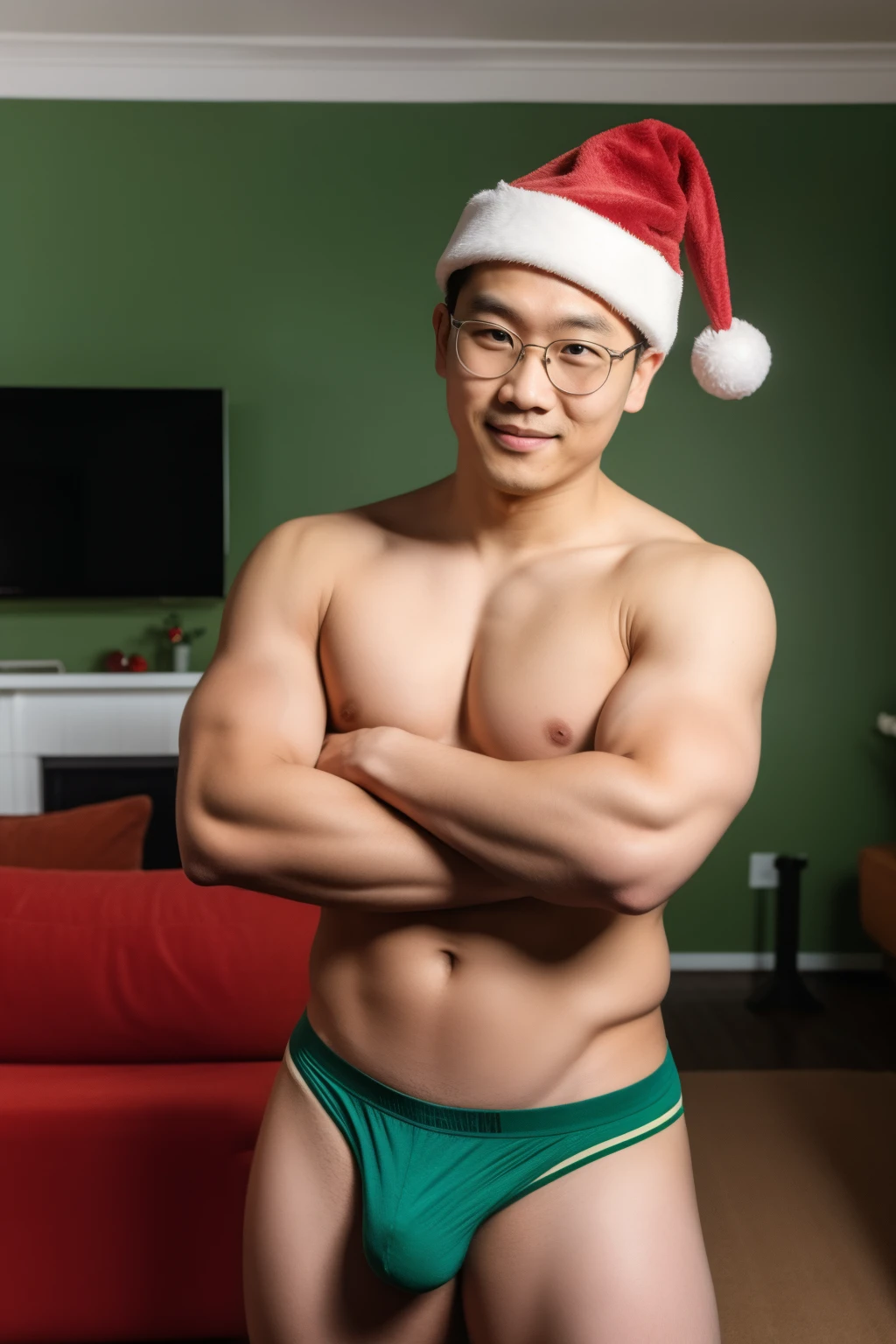 Andrew thomas huang, oval face, eyeglasses, neat muscular, shirtless, santa claus hat, low waist green briefs, do poses, living room
