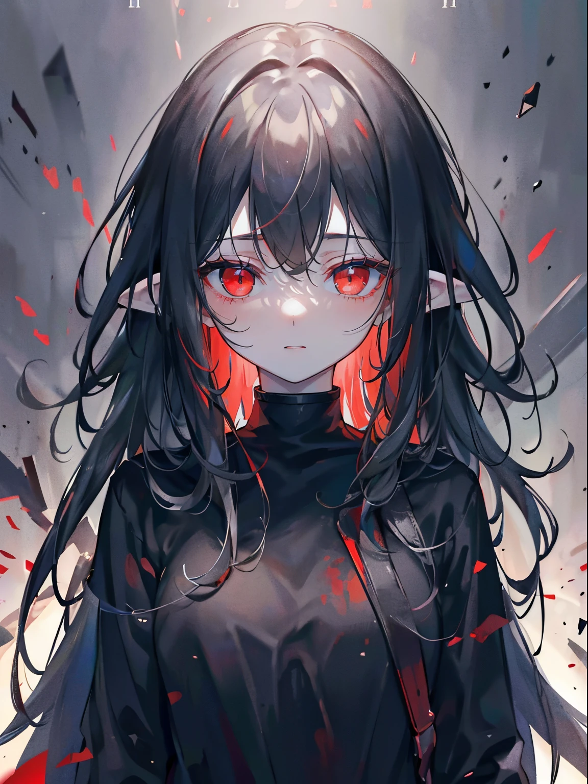 (masterpiece,best quality,ultra-detailed),1girl,black hair,long hair, messy hair, thick hair,black shirt, pointy ears,pale skin,red eyes, glowing eyes,dark ambient,(grey theme),(monster girl)