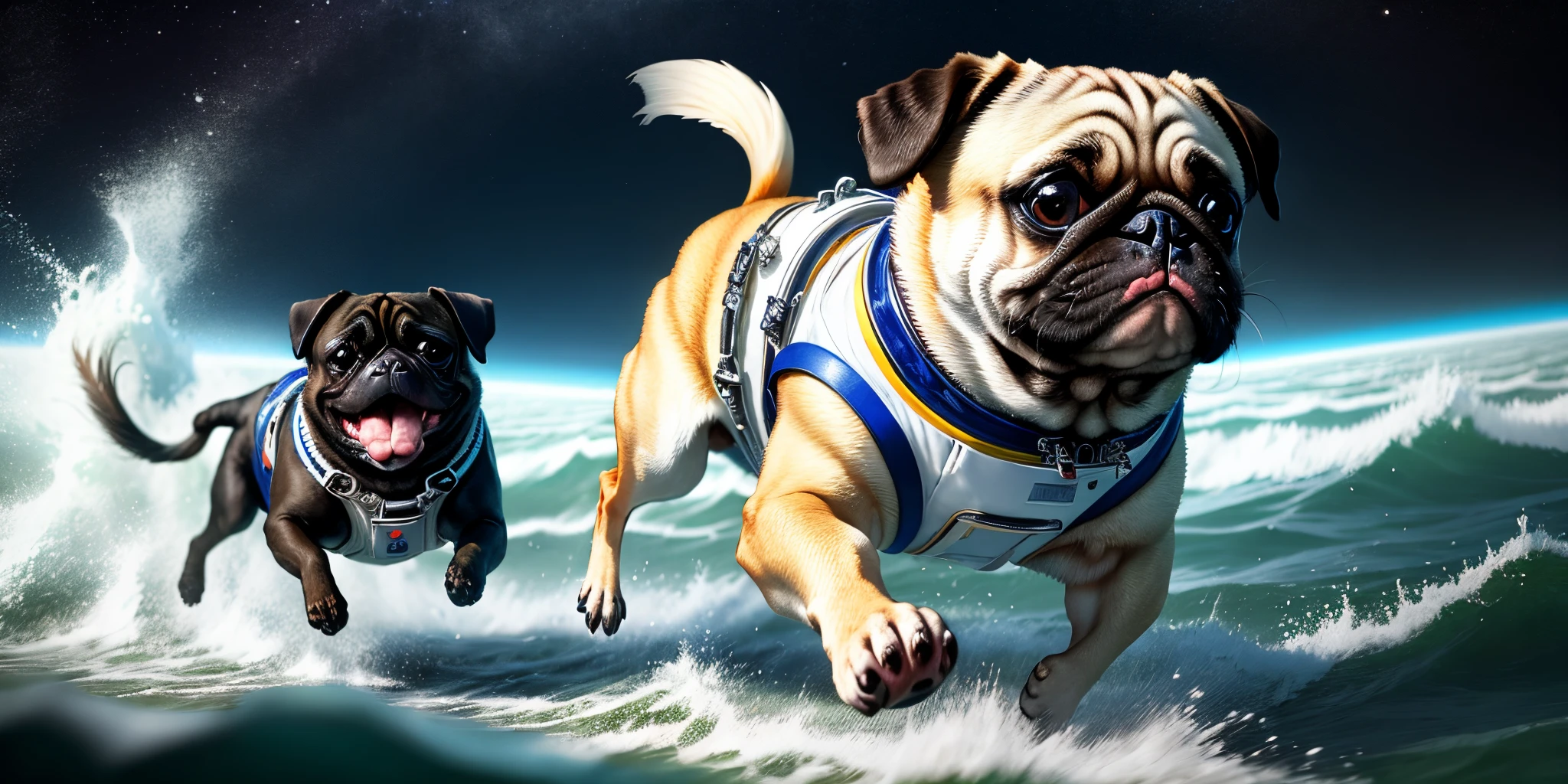 pug who is wearing Spacesuit is being chased by the dengerous fish at the deep black sea