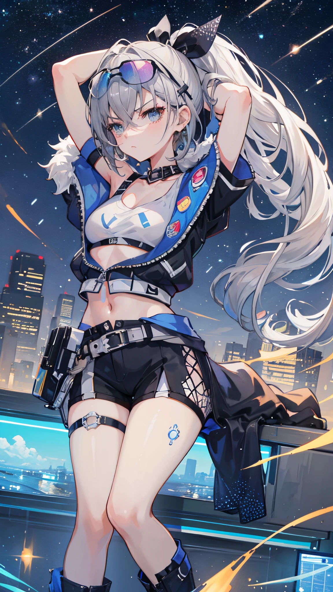 octans, sky, star (sky), scenery, starry sky, night, 1girl, night sky, solo, outdoors, signature, building, cloud, milky way, sitting, tree, long hair, city, silhouette, cityscape, arms up, hand behind head, medium breast, angry face, from under, ultra detail, best quality, ultra realistic, highres, photography, sharp focus, highest detailed, extreme detailed, ultra detailed, finely detail, extremely detailed eyes and face