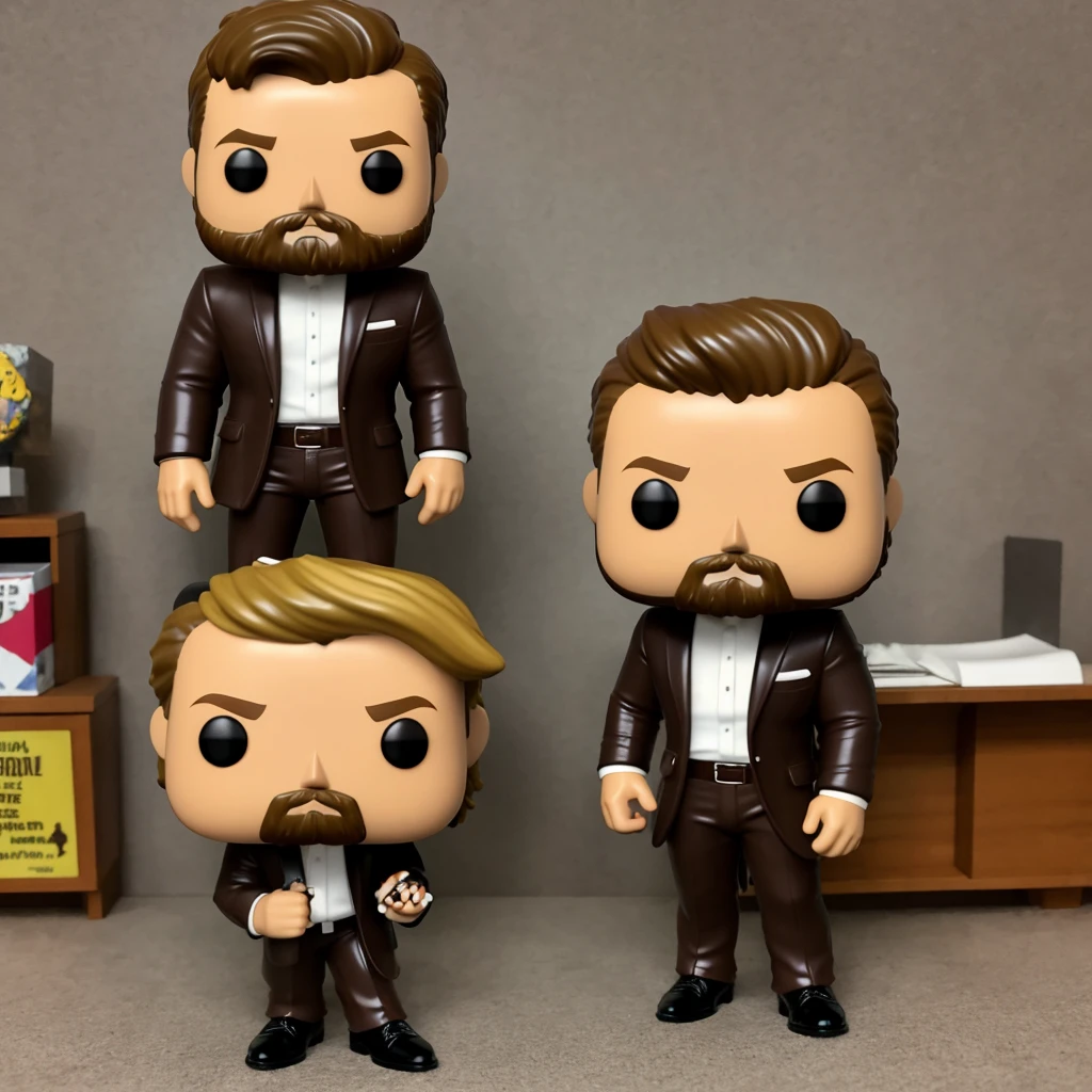 Funko, man, medium length brown blonde hair, stubbled beard, rick fancy clothes, modern office background