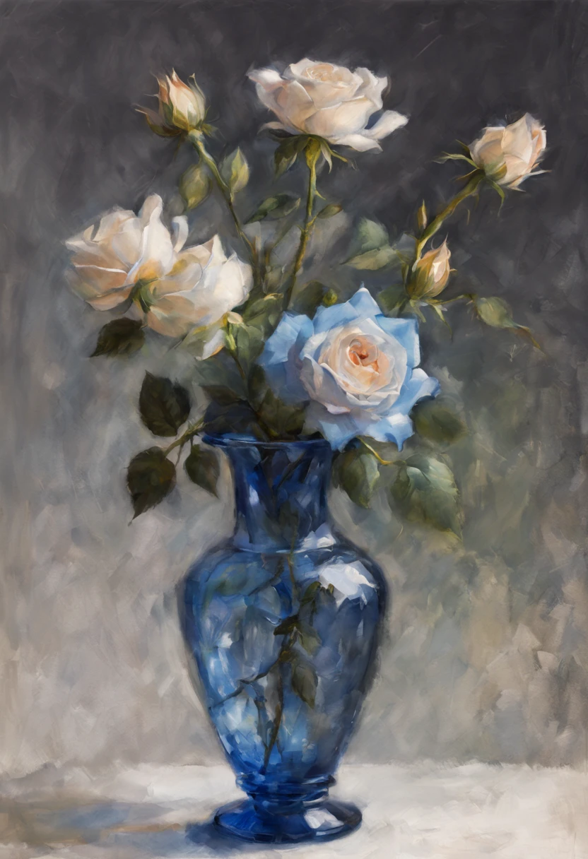 [best quality,ultra-detailed],(expensive,exquisite:1.1),(realistic,photorealistic:1.37),beautiful detailed blue rose,cut crystal vase,soft lighting,gentle shadows,vibrant colors,delicate petals,fine details,subtle reflections,high contrast,shimmering glass,crisp edges,artistic composition,studio lighting,gorgeous centerpiece,romantic atmosphere